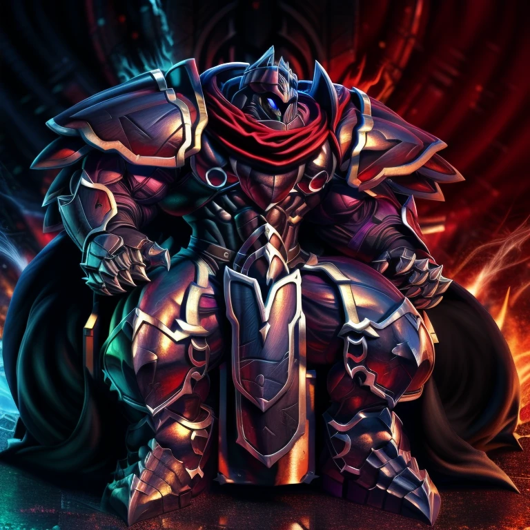 (masterpiece, best quality, detailed:1.2) (Pokémon) LUCARIO, detailed full body, a knight's mechanical armor, glowing wide and heavy armor, wears full body armor. massive muscles, huge pecs, chiseled abs, huge pectorals, exaggeratedly huge muscles. wearing a cloak. unusually developed muscular body big muscle, pecs, triceps, traps, waist narrow, unusually developed muscular body, Dark knight, BlackKnight_fe, The claws are sharp, Sharp teeth, He wears a black cloak on his back. sitting on the throne,