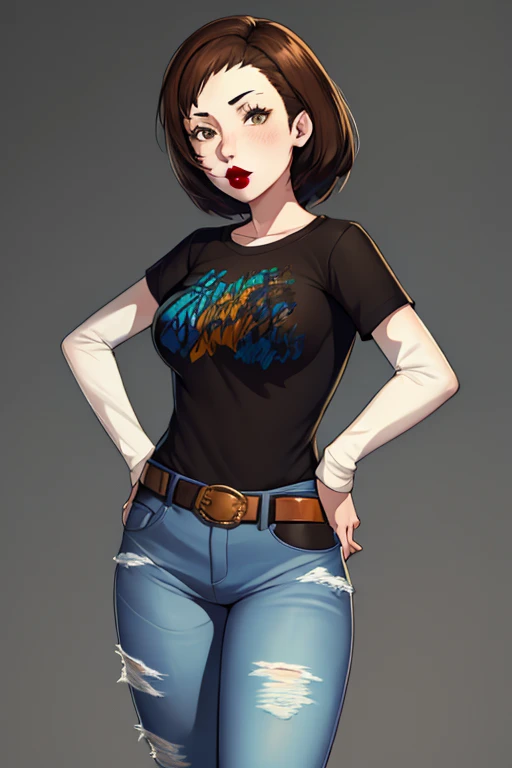 Ellie, brown hair, 1girl, solo, standing, black t-shirt, white shirt, blue jeans, belt, lipstick, large breasts, layered sleeves