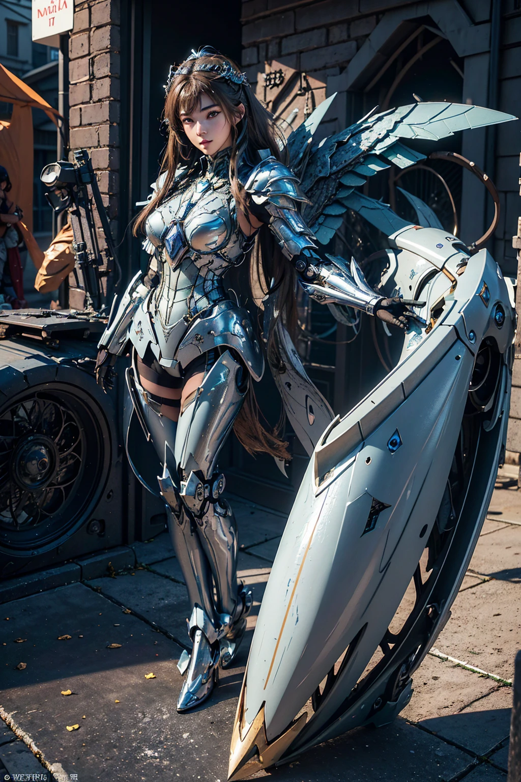 ((Best Quality)), ((Masterpiece)), (Very Detailed: 1.3), a beautiful mecha girl, 3D, ultra realistic, sci-fi technology, HDR (High Dynamic Range), ray tracing, nvidia RTX, super resolution, unreal 5, subsurface scattering, PBR texture, post-processing, anisotropic filtering, depth of field, maximum sharpness and sharpness, multi-layer texture, specular and albedo mapping, surface shading, accurate simulation of light-material interactions, perfect proportions, perfect eyes, perfect hand, extremely detailed background, ((detailed eyes, high quality eyes, high quality face)), octane rendering, duotone lighting, low ISO, white balance, rule of thirds, wide aperture, 8K RAW, high efficiency subpixels, subpixel convolution, light particles, light scattering, Tyndall effect, full body, (((1girl))), winged mecha armor, brown hair, (((VERY SEXY))), (((dynamic pose))), ((in warfare background)), dramatic, poster art