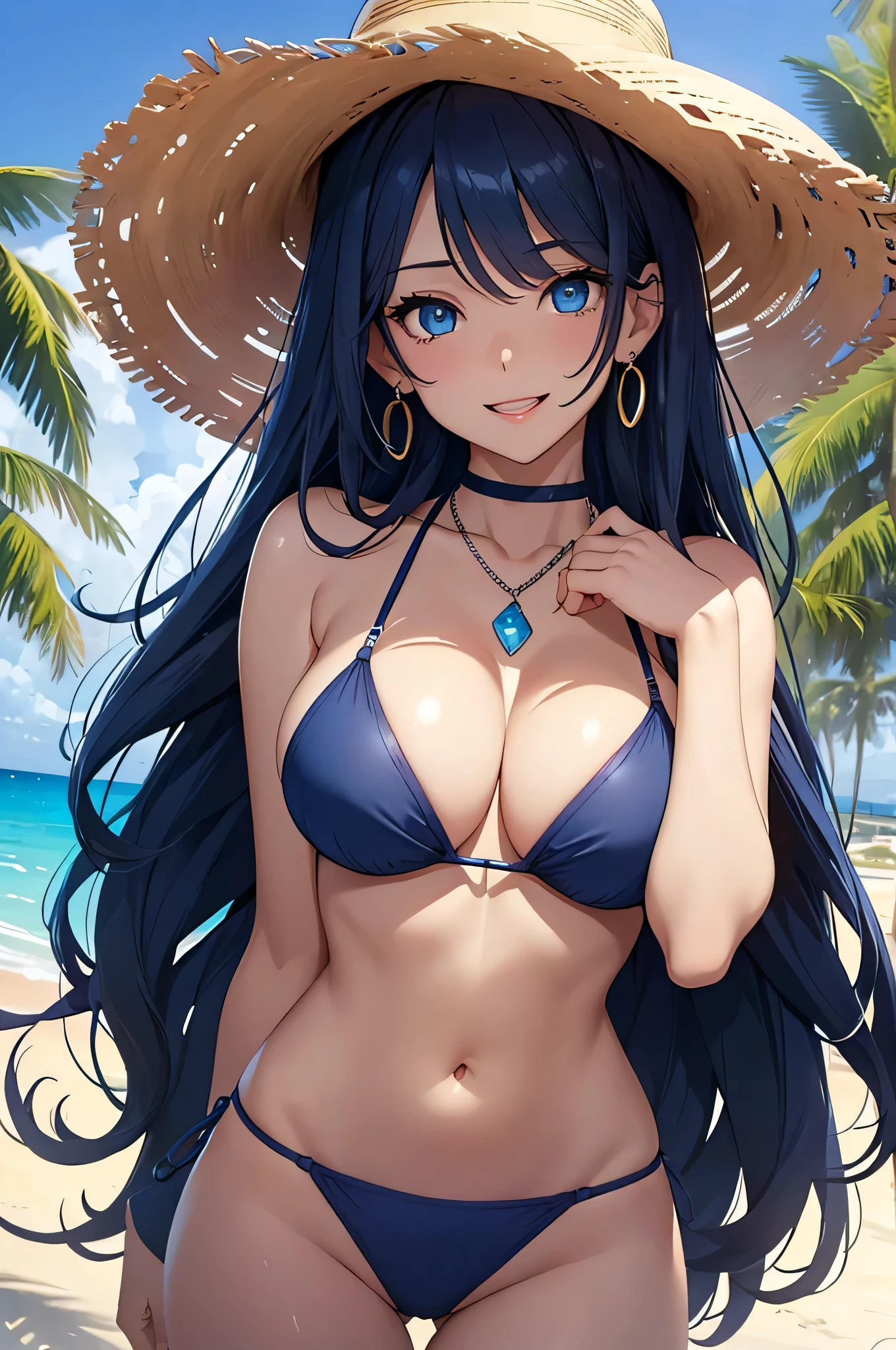 beautiful girl,Long dark blue hair ,blue eyes,Navy Blue Bikini、Big cleavage、(Big Breasts)、smile、blue necklace、Blue Earrings、background(Beach)、Sexy pose、Please open your mouth wide、