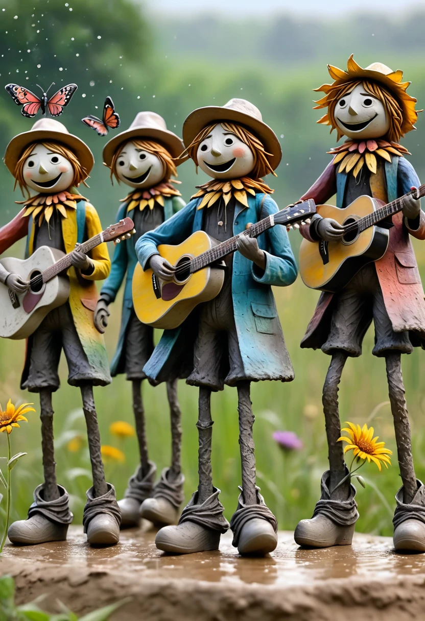 (best quality:1.2),ultra-light Clay, Clay, Pottery,  distressed, dirty, mineral pigments, 3D Clay sculpture art, Clay sculpture, Rough surface, (artwork，A group of tall scarecrows singing in the field。Hold the microphone，Guitar，Long legs，Interesting concept art,)，Colorful butterflies flying in the sky,Bokeh，Gentle and beautiful pictures，Rainy Day，dew