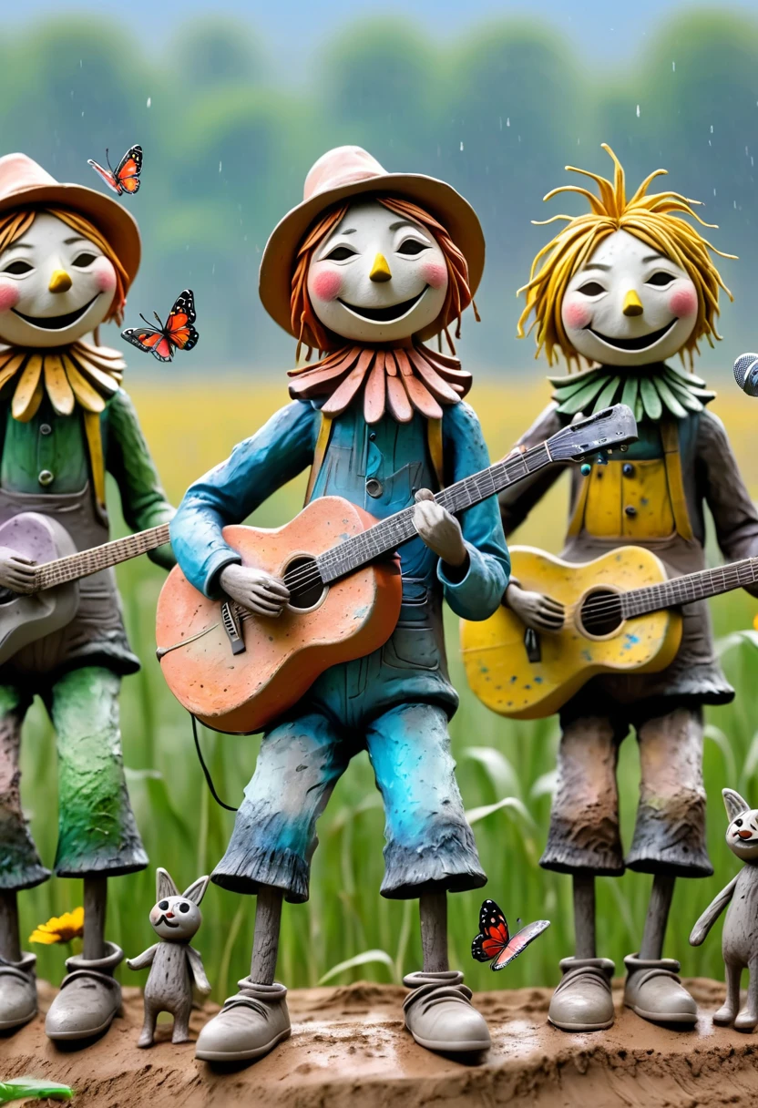 (best quality:1.2),ultra-light Clay, Clay, Pottery,  distressed, dirty, mineral pigments, 3D Clay sculpture art, Clay sculpture, Rough surface, (artwork，A group of tall scarecrows singing in the field。Hold the microphone，Guitar，Long legs，Interesting concept art,)，Colorful butterflies flying in the sky,Bokeh，Gentle and beautiful pictures，Rainy Day，dew