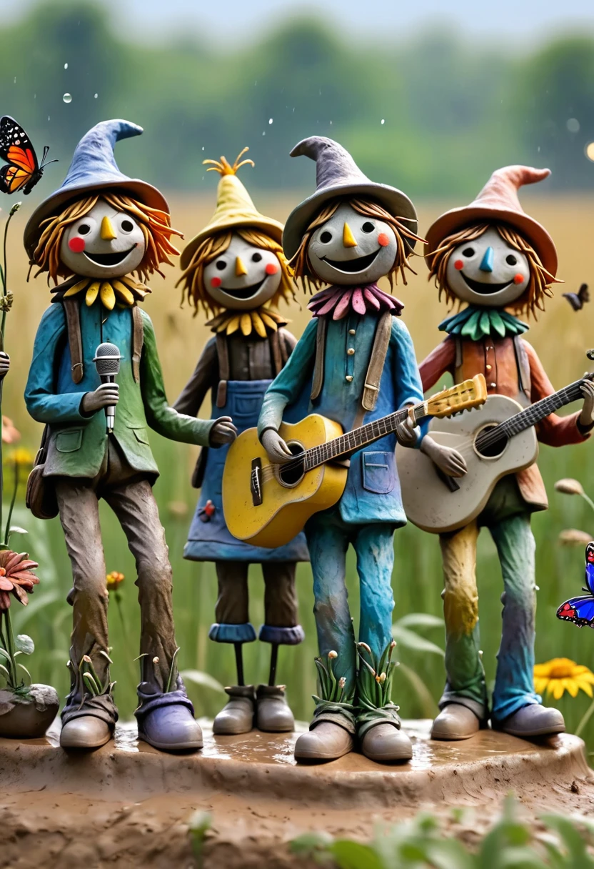 (best quality:1.2),ultra-light Clay, Clay, Pottery,  distressed, dirty, mineral pigments, 3D Clay sculpture art, Clay sculpture, Rough surface, (artwork，A group of tall scarecrows singing in the field。Hold the microphone，Guitar，Long legs，Interesting concept art,)，Colorful butterflies flying in the sky,Bokeh，Gentle and beautiful pictures，Rainy Day，dew