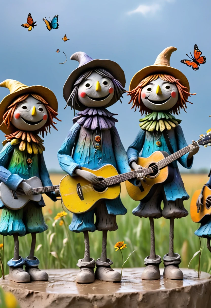 (best quality:1.2),ultra-light Clay, Clay, Pottery,  distressed, dirty, mineral pigments, 3D Clay sculpture art, Clay sculpture, Rough surface, (artwork，A group of tall scarecrows singing in the field。Hold the microphone，Guitar，Long legs，Interesting concept art,)，Colorful butterflies flying in the sky,Bokeh，Gentle and beautiful pictures，Rainy Day，dew