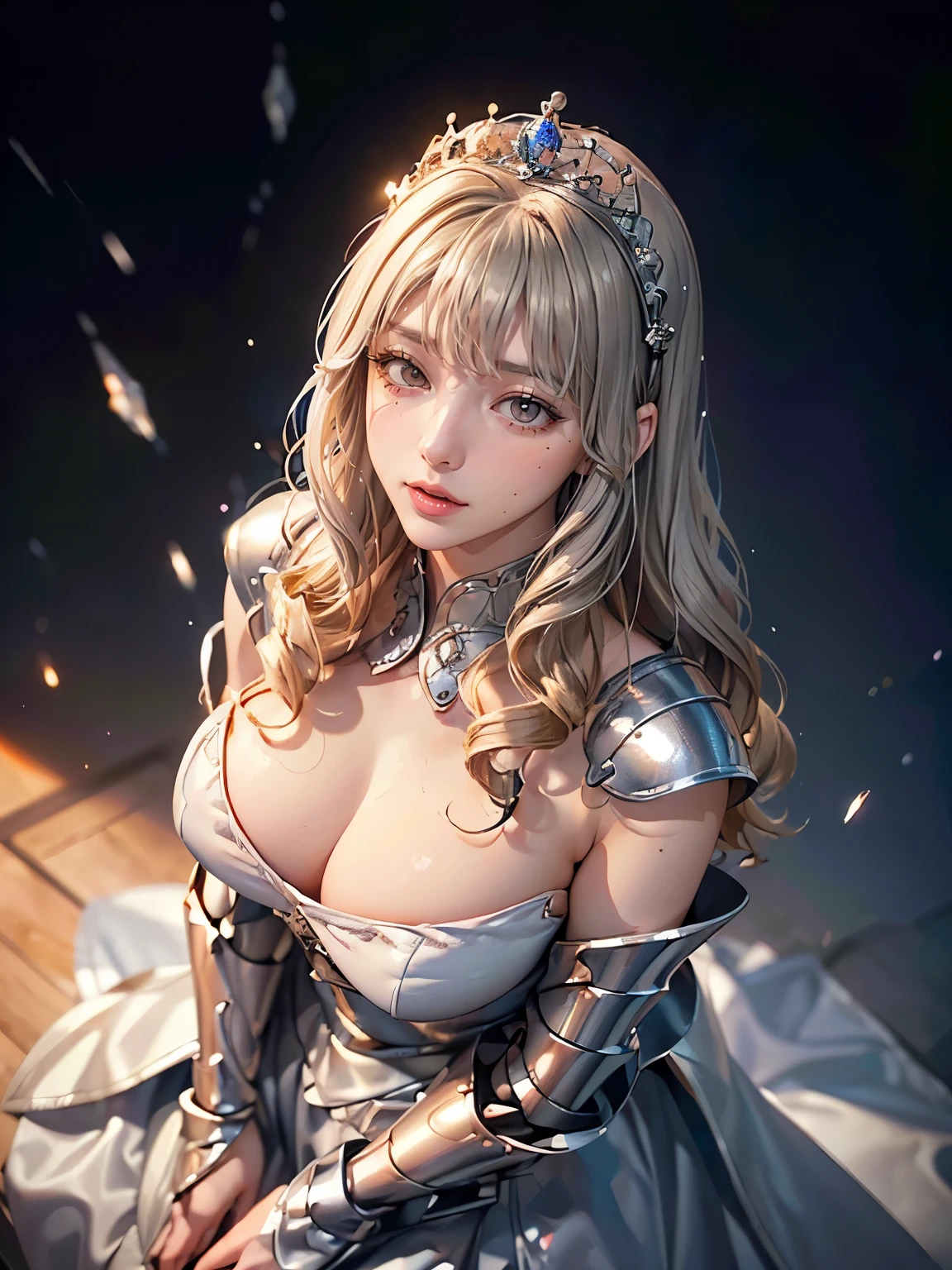 Surreal、Delicate and detailed line drawingasterpiece、highest quality、Highest quality、(One Woman、、(big breasts:1.1)、(Blonde、Hime cut, Wavy Hair, Middle Hair:1.2)、(Natural Makeup、Eyelash extensions、Sharply draw eyelashes、Eyebrows are thin and short、Deep orange blush:1.1)、(Staring at the audience, Spaced out、Looks sleepy、The mouth is open、A little red cheeks:1.3)、(Silver tiara, Densely detailed dress armor, Princess Knight:1.3)、garden、A mysterious scene with light pouring down, (Blur the background:1.3)、(The subject is viewed from above:1.1)、Photo from thigh up