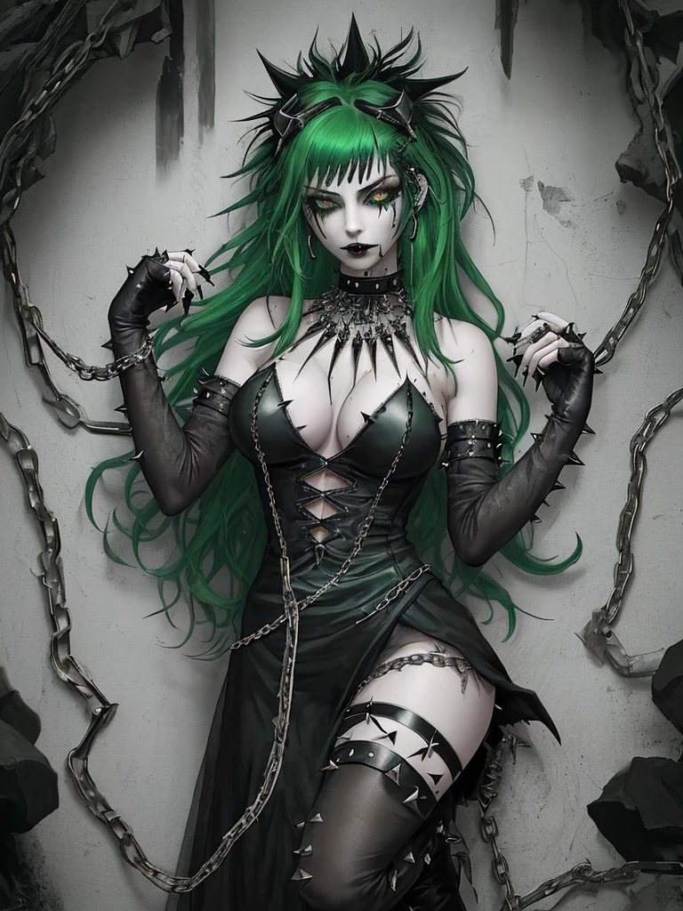 Gothic woman, soft beauty, dark makeup, piercings, full body, toxic green hair, spiked goggles on head,messy hair, messy bangs, piercing gaze, large spiked boots, chains