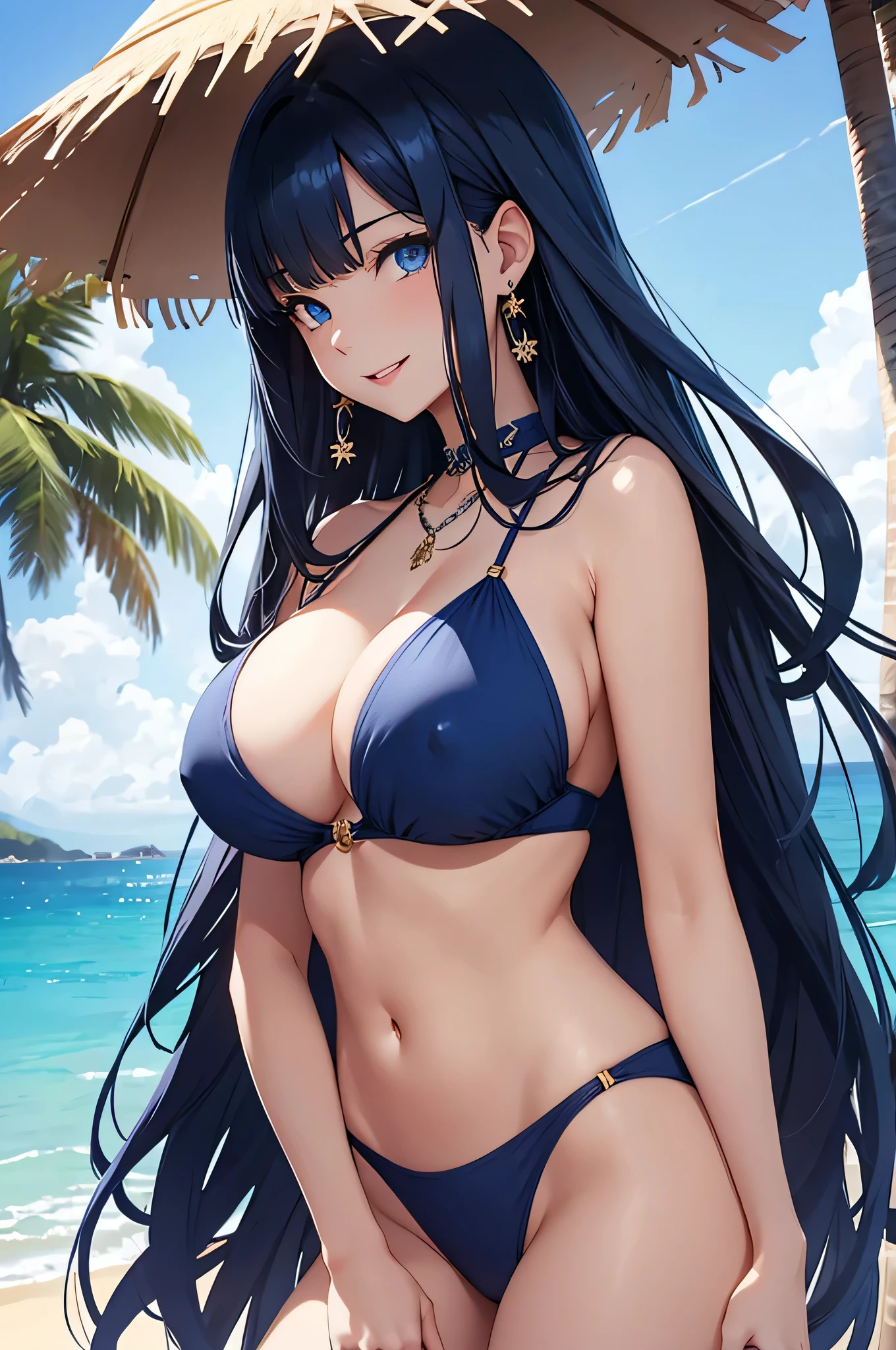 beautiful girl,Long dark blue hair ,blue eyes,Navy Blue Bikini、Big cleavage、(Big Breasts)、smile、blue necklace、Blue Earrings、background(Beach)、Sexy pose、Please open your mouth wide、