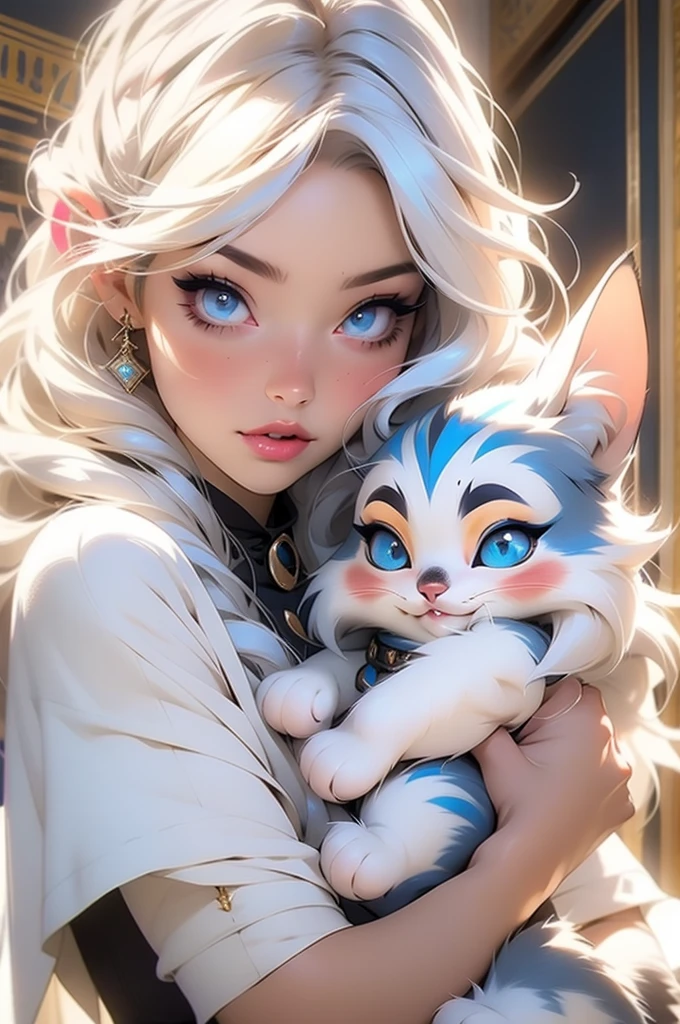 a close up of a person holding a cat, belle delphine, she has blue eyes, egypt makeup, beauty filter, white beautiful hair, xqcow, two beautiful women in love, see, white fur, lumiol, biological photo, gnome, neodada, transgender, persian