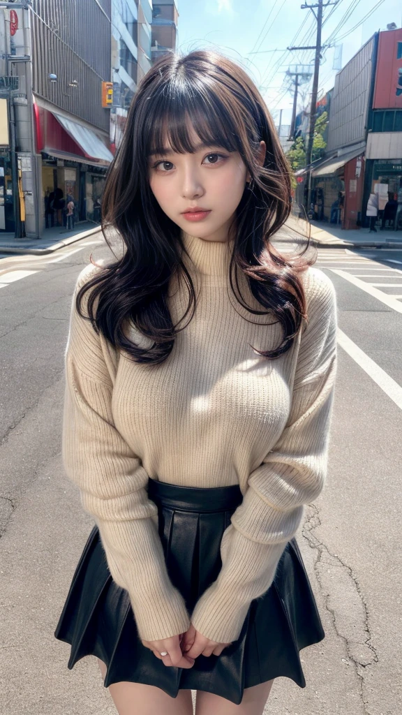 muste piece, best quality, illustration, Super detailed, fine details, High resolution, 8K,wall paper, perfect dynamic composition,(Details High quality, realistic depiction of eyes:1.3), short hair, (wavy hair:1.2),  Gorgeous and stylish black fluffy latest trend Tokyo winter clothes, wool sweater, A-line skirt, bitch_virgin, Layered Cut, black hair color, Big Natural Color Lip, sexy pose, crying a little、cold gaze, Harajuku style、20 year old girl、cute type、lolita, hposing Gravure Idol, full body photo、focus on crotch, huge breasts