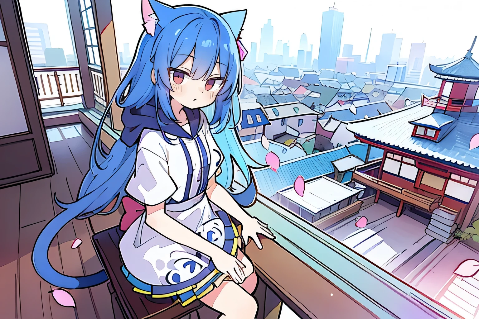 (masterpiece:1.2),Super detailed,lifelike,Expressive eyes,fair skin,perfect face shape,1 girl,
Japanese comics,Gorgeous blue hair,flowing blue hair,flowing clothes,Cat ears,Petals fall,beautiful lola,Baby Angel,
Cross your legs,Gentle and peaceful background,The pavilion is cool and comfortable,smile, wearing hoodie, background of tokyo,back views,snowing, winter.