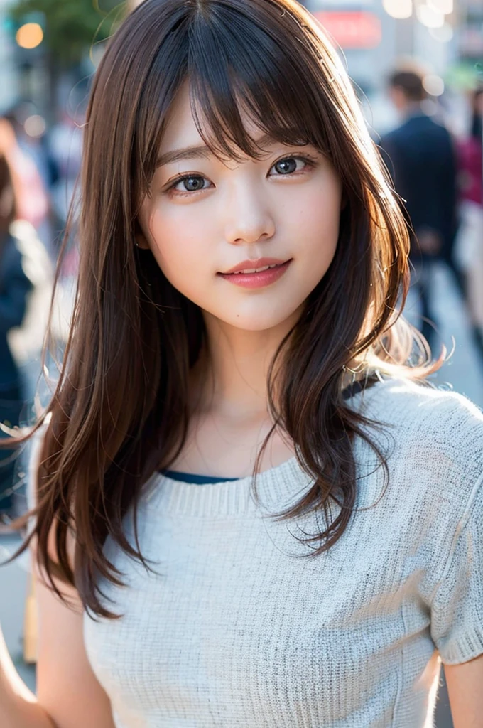 (8K、Raw photography、best quality、A masterpice:1.2)、(Realstic、photorealestic:1.37)、ultra -detailed、ultra-high-resolution、1 girl、see the beholder、Beautiful detailed face、smile on face、Constriction、(Slim waist) :1.3)、shirts、Beautiful detailed skin、Skin texture、Floating hair、Professional lighting、In the street、Glasses、Whole human body、Brown hair