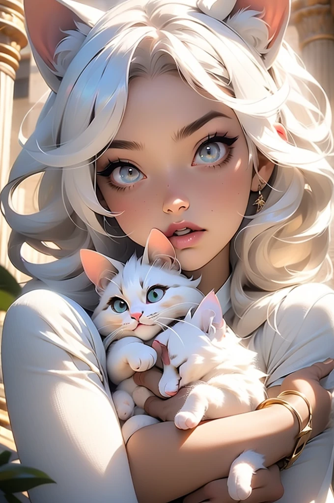 a close up of a person holding a cat, belle delphine, she has claros eyes, labios vermelhos, egypt makeup, beauty filter, white beautiful hair, xqcow, two beautiful women in love, see, white fur, lumiol, biological photo, gnome, neodada, transgender, persian