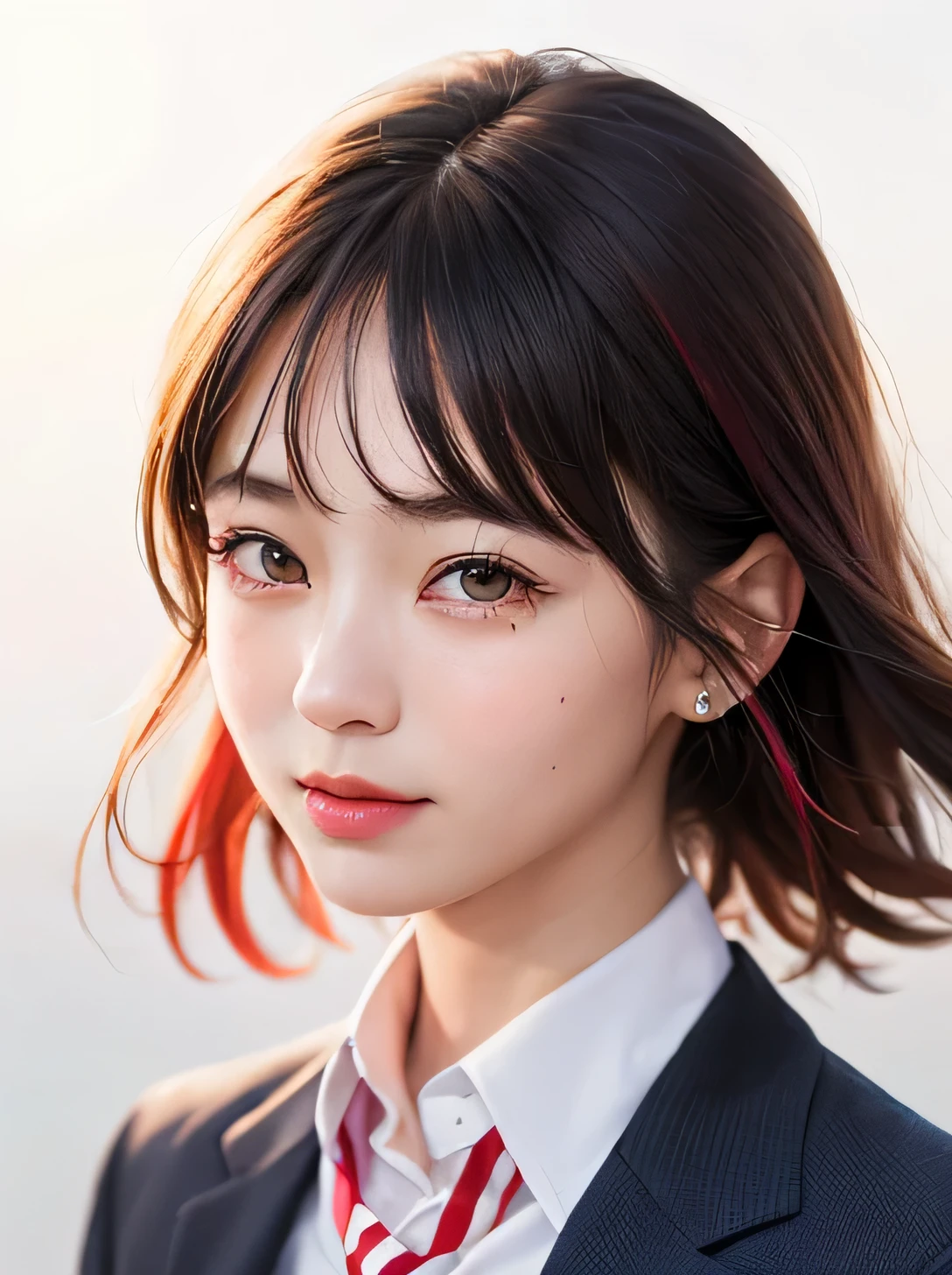 ((vivid, Realistic: 1.5), No background: 1.0, Beautiful 17 year old Japanese girl,high school student、In uniform、Summer clothes、 Light Gray Background: 1.1, Breast augmentation: 1.5,cute: 1.0,Follow me (Tears): 1.2,
short hair: 1.5,Black Hair: 1.2, Small face: 1.1, Hair with red mesh: 1.1,, Messy Hair: 1.1