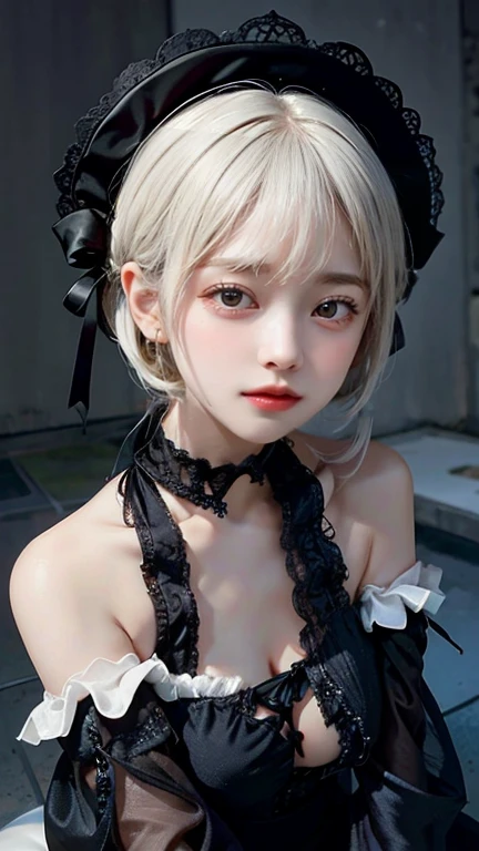 Please draw a super beautiful girl with short white bob hair wearing a flattering gothic lolita bikinis。She exudes an elegant and dark vibe. (((flattering bikinis))), Her white hair is tied up in a neat short bob.、It highlights her individuality and sophisticated beauty.。 Her flattering bikinis are luxurious in design.、It brings out her elegance and mysterious charm.。It is a hallmark of her sexy style.。Her pose is graceful、It expresses her deep worldview hidden inside her.。 Her eyes shine with mystery、Combined with her charming smile、It highlights her individuality and charm.。Her smile has a unique charm、She shows her confidence and sophisticated beauty in Gothic Lolita fashion.。Her appearance is beautiful、Her presence stands out in the world of Gothic Lolita.。 This super beautiful girl with white short bob hair and flattering bikini style is、It has a unique charm and sophisticated beauty.。Her appearance is、Her presence and charm in the world of Gothic Lolita fashion are fused together.、it seems fascinating and mysterious sight.。