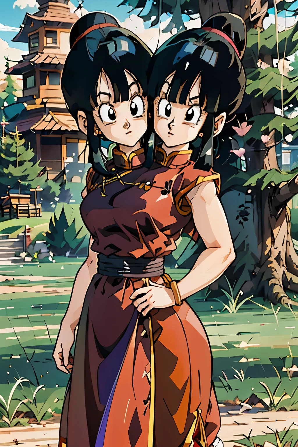 (masterpiece, best quality), 1girl, Chi Chi DBZ, 1girl, chi-chi (dragon ball z), solo, black hair, tree, outdoors, dress, black eyes, hair bun, earrings, sky, cloud, single hair bun, day, jewelry, retro artstyle, bangs, chinese clothes, conjoined_dicephalus, (two heads:1.2)