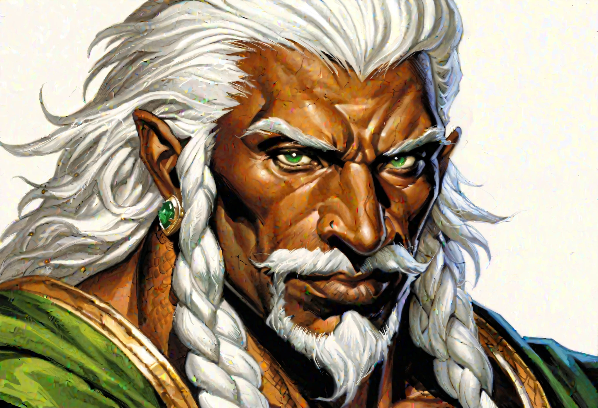 ((Gnome male)), ((dungeons & dragons)), ((adult age)), ((37 inches tall)), ((lean build)), ((large nose)), ((Deep rich ebony skin)), ((Piercing emerald green eyes)), ((Stark white hair)), ((intricate braided goatee that reaches the full six inches)), ((detailed face)), ((portrait)), ((by Larry Elmore)), ((trickster archetype))