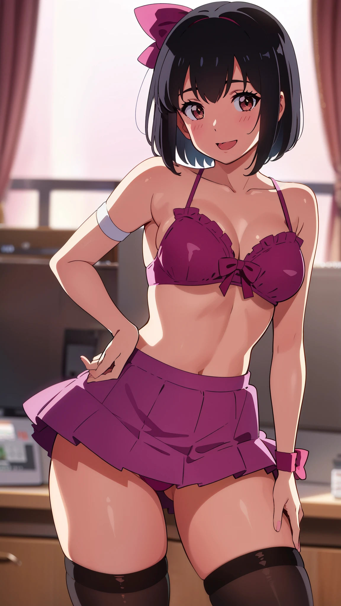shinkai makoto, kimi no na wa., 1girl, bangs, black hair, blush, brown eyes, idol, idol clothes, collarbone, red headband, red ribbon, bow hair ornaments, pink bikini, pink skirt, short skirt, medium breats, black thighhighs, short hair, smile, cute, solo, open mouth, Off-the-shoulders, pink background, modelling