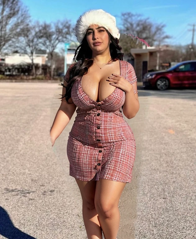 Button up dress, short dress, curvy, medium size breasts, curvy, cleavage fully exposed, Arab skin color, curvy thighs, large cleavage