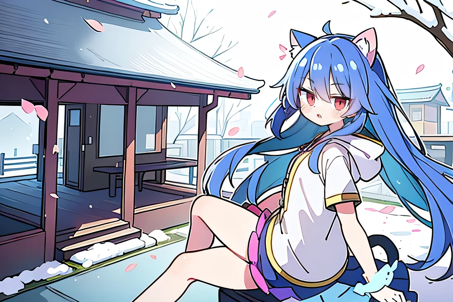 （masterpiece：1.2），Super detailed，lifelike，Expressive eyes，fair skin，perfect face shape，1 girl，
Japanese comics,Gorgeous blue hair,flowing blue hair,flowing clothes,Cat ears,Petals fall,beautiful lola,Baby Angel,
Cross your legs，Gentle and peaceful background，The pavilion is cool and comfortable,smile, wearing hoodie, background of tokyo,back views,snowing, winter.