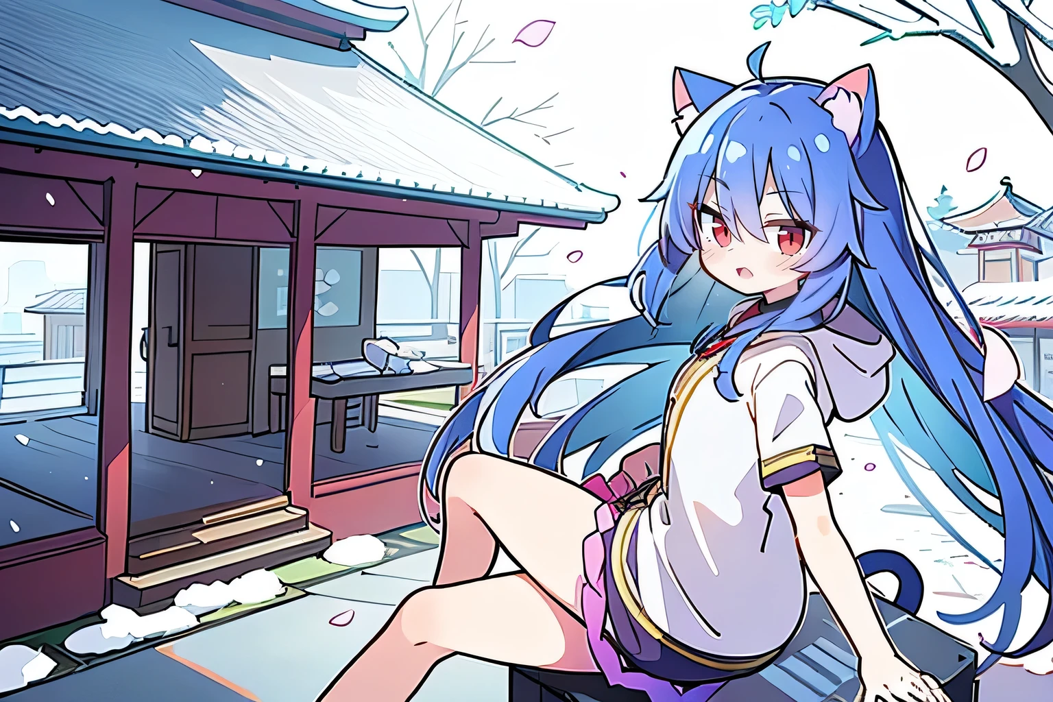 （masterpiece：1.2），Super detailed，lifelike，Expressive eyes，fair skin，perfect face shape，1 girl，
Japanese comics,Gorgeous blue hair,flowing blue hair,flowing clothes,Cat ears,Petals fall,beautiful lola,Baby Angel,
Cross your legs，Gentle and peaceful background，The pavilion is cool and comfortable,smile, wearing hoodie, background of tokyo,back views,snowing, winter.