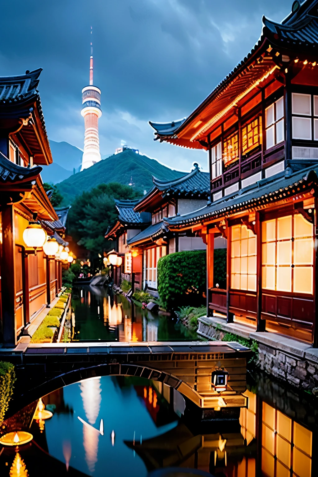 arafed view of a village with a lot of lights on the buildings, dreamy chinese town, chinese village, amazing wallpaper, japanese town, japanese village, hyper realistic photo of a town, old asian village, japanese city, by Raymond Han, rainy evening, cyberpunk chinese ancient castle, beautifully lit buildings, at evening during rain, beautiful and aesthetic, photography, cinematic, 8k, high detailed ((Heavy rain)))