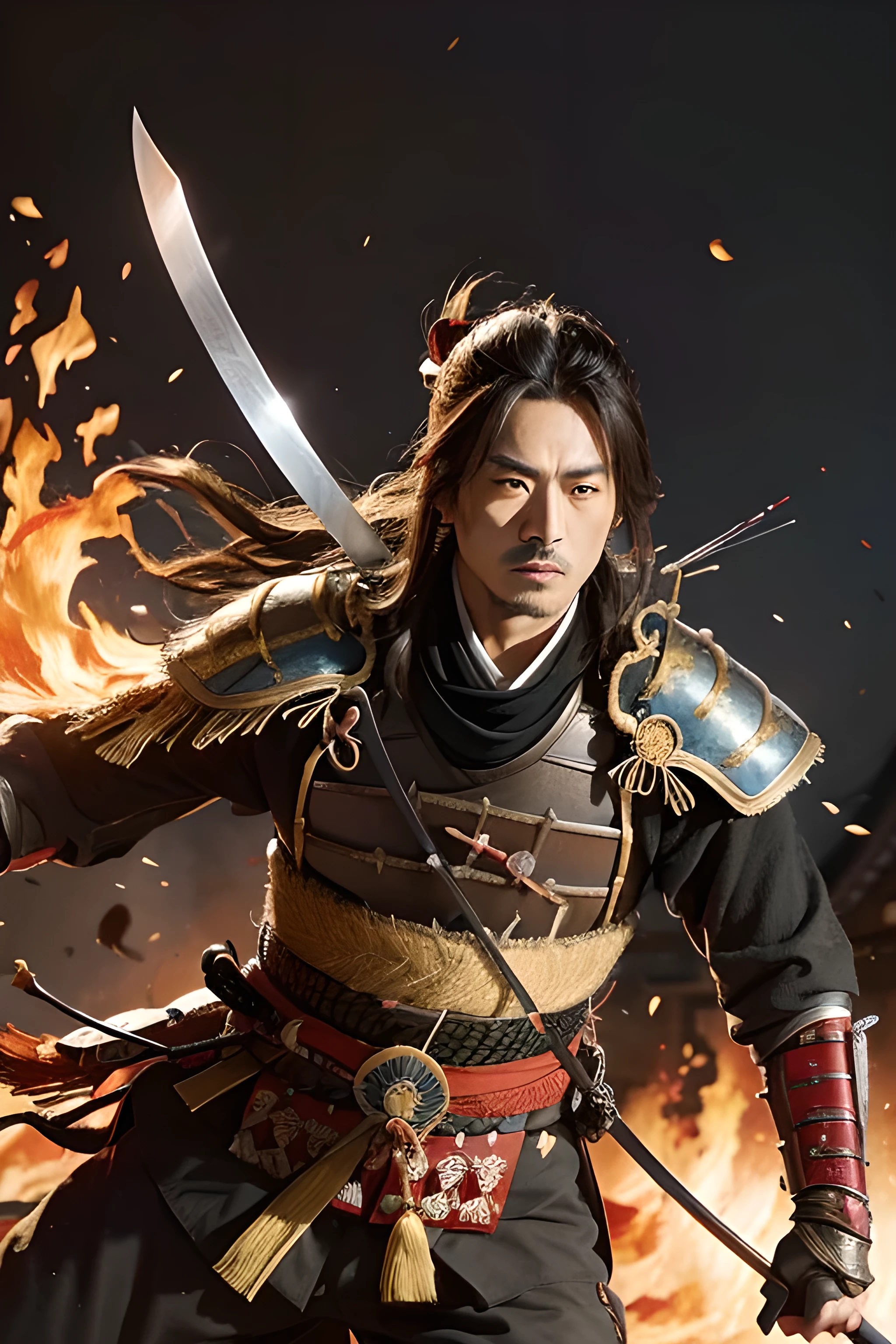 History painting, Action Painting, (Honnoji no hen, Oda Nobunaga, suicide), ((Japanese Samurai, male, alone)), Elegant and dignified々Funny face, brave, Ferocious, Cold-hearted, strict, armor, Warrior pocket, Japanese sword, Japanese Bow and Arrow, The approaching flames, Burning Temple, (Cowboy Shot), 