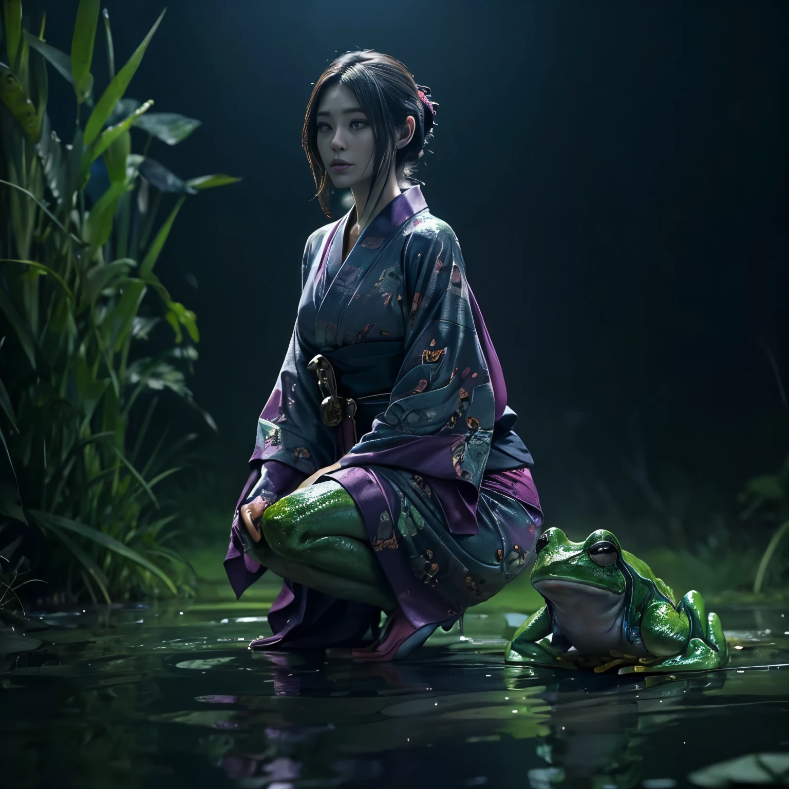 (highest quality、4k、8k、High resolution、masterpiece: 1.2)、Super detailed、(Real、Photorealistic、Photorealistic: 1.37)、Full Body Portrait、media: Fantasy、Horror、ダーク Fantasy、Creatures、ハイブリッド Creatures、(Anatomically correct fingers: 1.4 )、(The upper body of a beautiful young woman)and((A hybrid creature with the lower body of a frog: 1.5))、(Squats with legs open:1.5)、Visualization of mythical creatures、yukata、At night in the swamp、Dark atmosphere、Dim color、Spooky lighting、looking at the camera