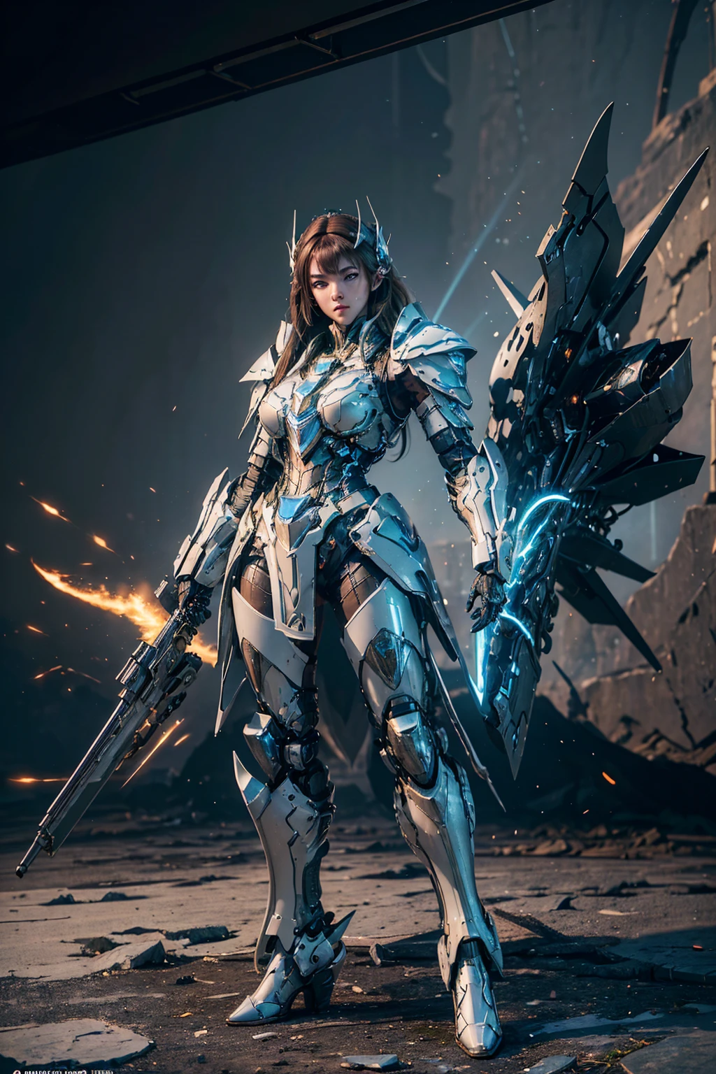 ((Best Quality)), ((Masterpiece)), (Very Detailed: 1.3), a beautiful mecha girl, 3D, ultra realistic, sci-fi technology, HDR (High Dynamic Range), ray tracing, nvidia RTX, super resolution, unreal 5, subsurface scattering, PBR texture, post-processing, anisotropic filtering, depth of field, maximum sharpness and sharpness, multi-layer texture, specular and albedo mapping, surface shading, accurate simulation of light-material interactions, perfect proportions, perfect eyes, perfect hand, extremely detailed background, ((detailed eyes, high quality eyes, high quality face)), octane rendering, duotone lighting, low ISO, white balance, rule of thirds, wide aperture, 8K RAW, high efficiency subpixels, subpixel convolution, light particles, light scattering, Tyndall effect, full body, (((1girl))), sexy mecha armor, brown hair, (((VERY SEXY))), (((dynamic pose))), ((in warfare background)), dramatic, poster art