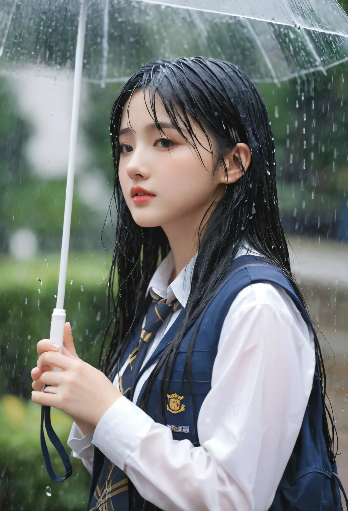 1girl, long black hair,schoolgirl uniform, shy, blush, wet, rain, transparent, (masterpiece, best quality), soft light, cinematic composition, cinematic light
