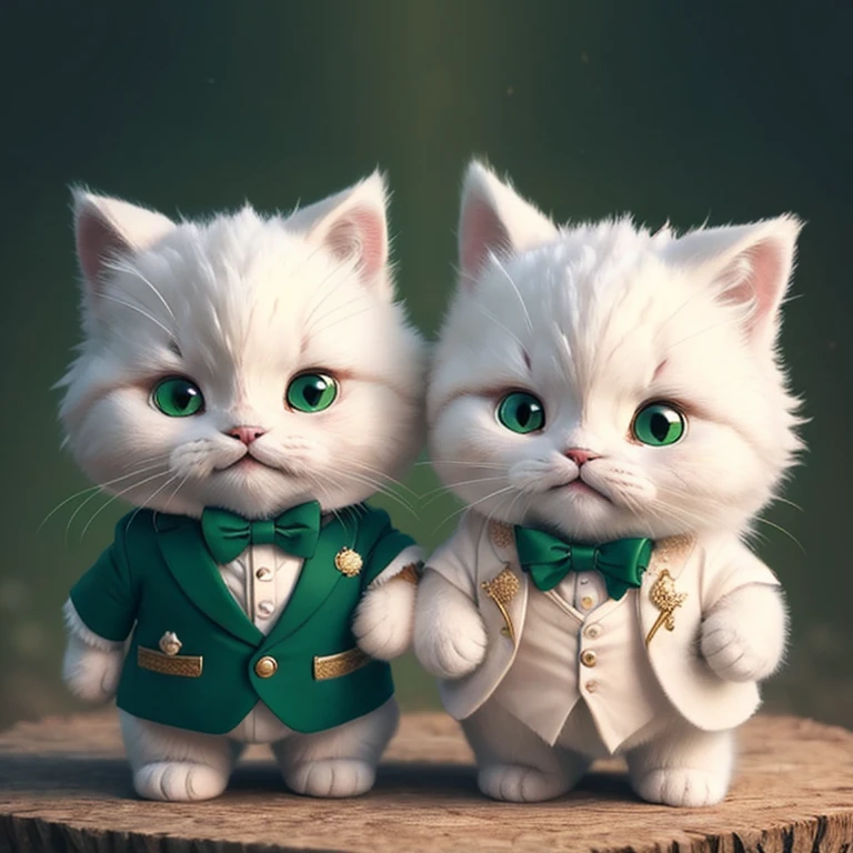 highest quality,Very detailed,Realistic,(photoRealistic:1.2),Anthropomorphic performance、Shaggy white cat,Adorable,soft,fuzzy,Playful,expressive green eyes,small, Rounded body,Small feet、Warm lighting,Are standing、tuxedo、