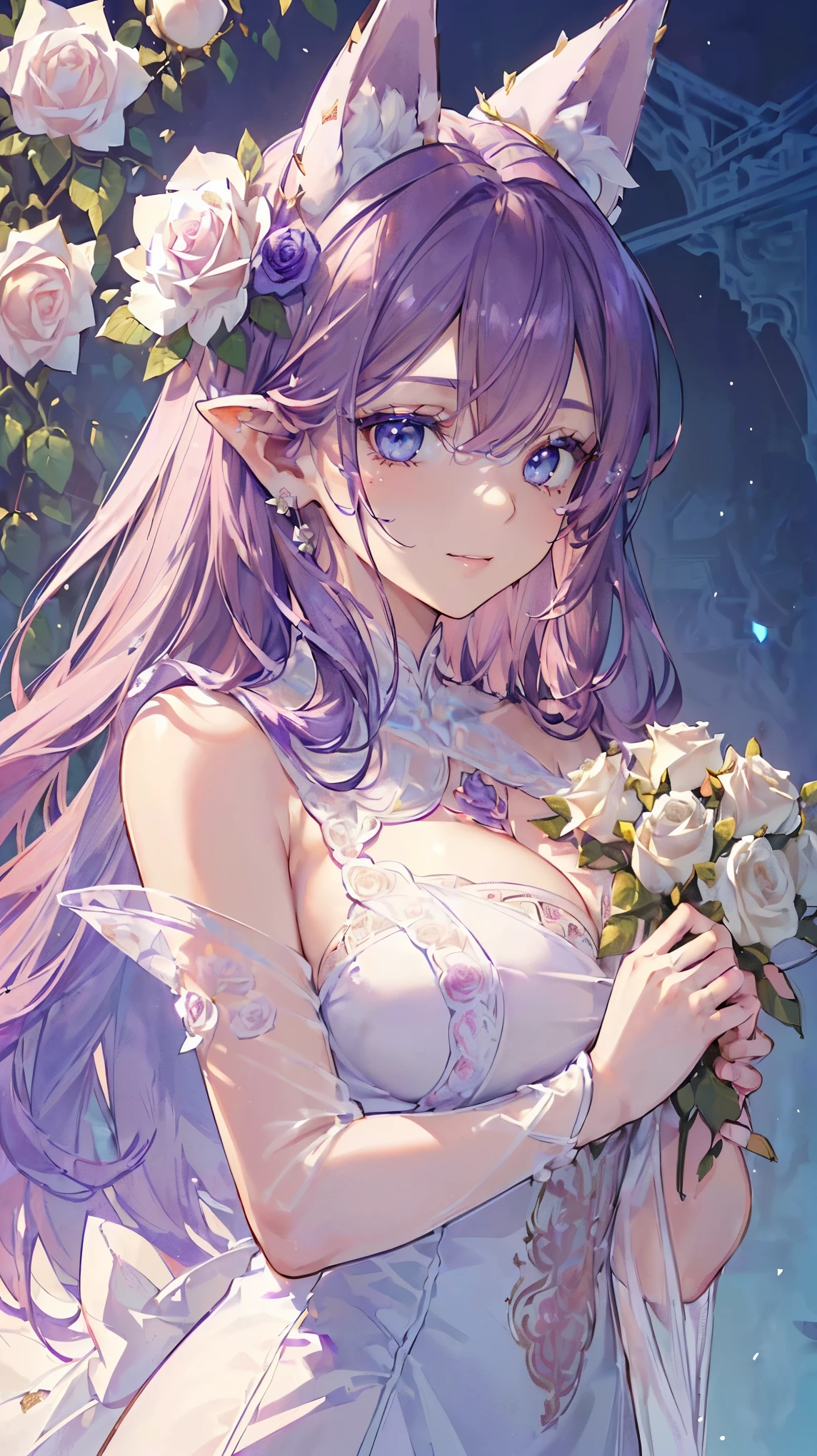 (((Masterpiece))), (((Highest quality))), ((Ultra-detailed)), ((Super fine illustration)), ((Ultra-fine painting)), (16K highest quality wallpaper:1.4), (Upper body:1.4), (Highly detailed and delicate illustration style:1.8), Detailed skin texture, Detailed cloth texture, Detailed rose flower texture, Extreme detailed description, (T-masterpiece), (Highly detailed face:1.4), (Highly detailed Purple fox ears:1.2), (Highly detailed Purple hair:1.2), (Highly detailed clear eyes:1.2), Original, RAW photo, Professional, Intricate details, Super details, Direct light:1.6, (Perfect anatomy:1.4), (Highly detailed hands:1.2), (Highly detailed fingers:1.2), (Highly detailed fingertips:1.2), (27-years-old), Real, (Solo:1.6), ((A very beautiful and attractive Purple fox female fashion model:1.4))
BRAKE
(Beautiful and adorable Purple fox ears:1.6), (Highly detailed and delicate Purple fox ears:1.2), (Beautiful and well-shaped big breasts:1.2), (Beautiful and well-shaped buttocks), (Beautiful and shiny Purple hair:1.6), (Highly detailed and delicate Purple hair:1.4), (Beautiful clear blue eyes that shine with great detail:1.6), (Highly detailed and delicate blue eyes:1.2), (Highly detailed face:1.4), (Smile:1.4), (Looking at viewer:1.4), (Standing:1.4), (Celebration:1.4)
BRAKE
((A beautiful and gorgeous princess dress that is detailed and delicate to be worn at celebratory occasions:1.4))
BRAKE
((Holding in both hands a large bouquet of highly detailed and delicate ((white and pink roses)):1.3))
BRAKE
(Celebration:1.4), (((Highly detailed and delicate white rose flower and pink rose flower garden background:1.4)), Highly detailed and delicate royal palace courtyard background in just after noon in spring:1.4) BRAKE