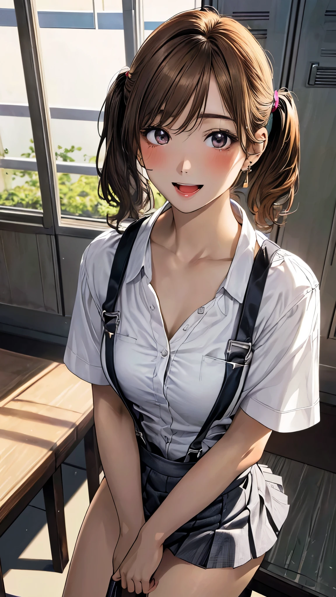 (masterpiece:1.3, top-quality, ultra high res, ultra detailed), (realistic, photorealistic:1.4), beautiful illustration, perfect lighting, natural lighting, colorful, depth of fields, surrealism, 
beautiful detailed hair, beautiful detailed face, beautiful detailed eyes, beautiful clavicle, beautiful body, beautiful chest, beautiful thigh, beautiful legs, beautiful fingers, slender, 
looking at viewer, face focus, upper body, 1 girl, japanese, high school girl, (perfect anatomy, anatomically correct, super detailed skin), cute and symmetrical face, white skin, shiny skin, 
(short hair, twintails, light brown hair), asymmetrical bangs, grey eyes, long eyelashes, glossy lips, (large breasts, seductive thighs), outstanding style, perfect face, perfect eyes, perfect fingers,
((detailed cloth texture, bottomless, restaurant staff clothing, suspenders, mini skirt, high heels)), earrings, 
(beautiful scenery), evening, (locker room), standing, holding clothes, (lovely smile, embarrassed, open mouth),