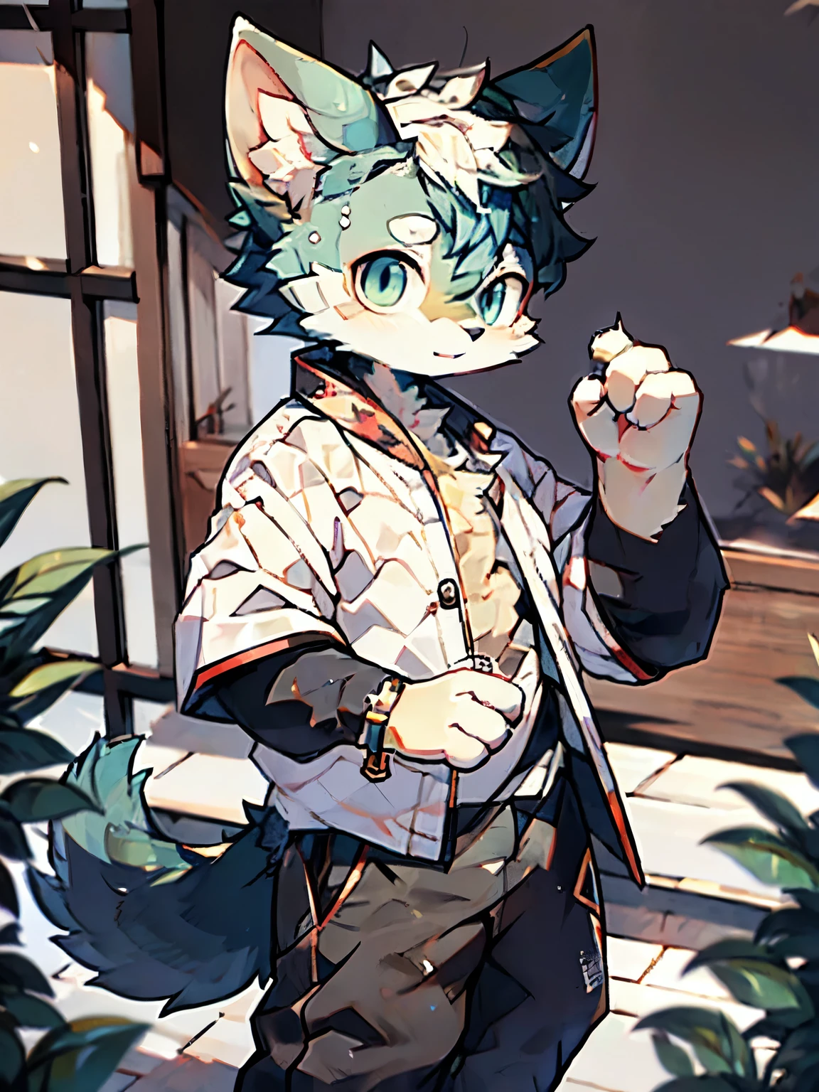 Depth of Field, Perfect lighting, Light Particles,(best quality),(masterpiece),Clear focus,Light Particles, Eyegod, Dark blue_Eye, Watching_exist_Viewer,Genma, Humanity, hairy, Cats, (hairy), (清澈的墨青色Eye), green ink hair, Black cat tail, {Chinese Ancient Chamber of Commerce Robe，Dark gold streaks},Chinese ancient style black trousers, outdoor,Antique dealer,Half Body