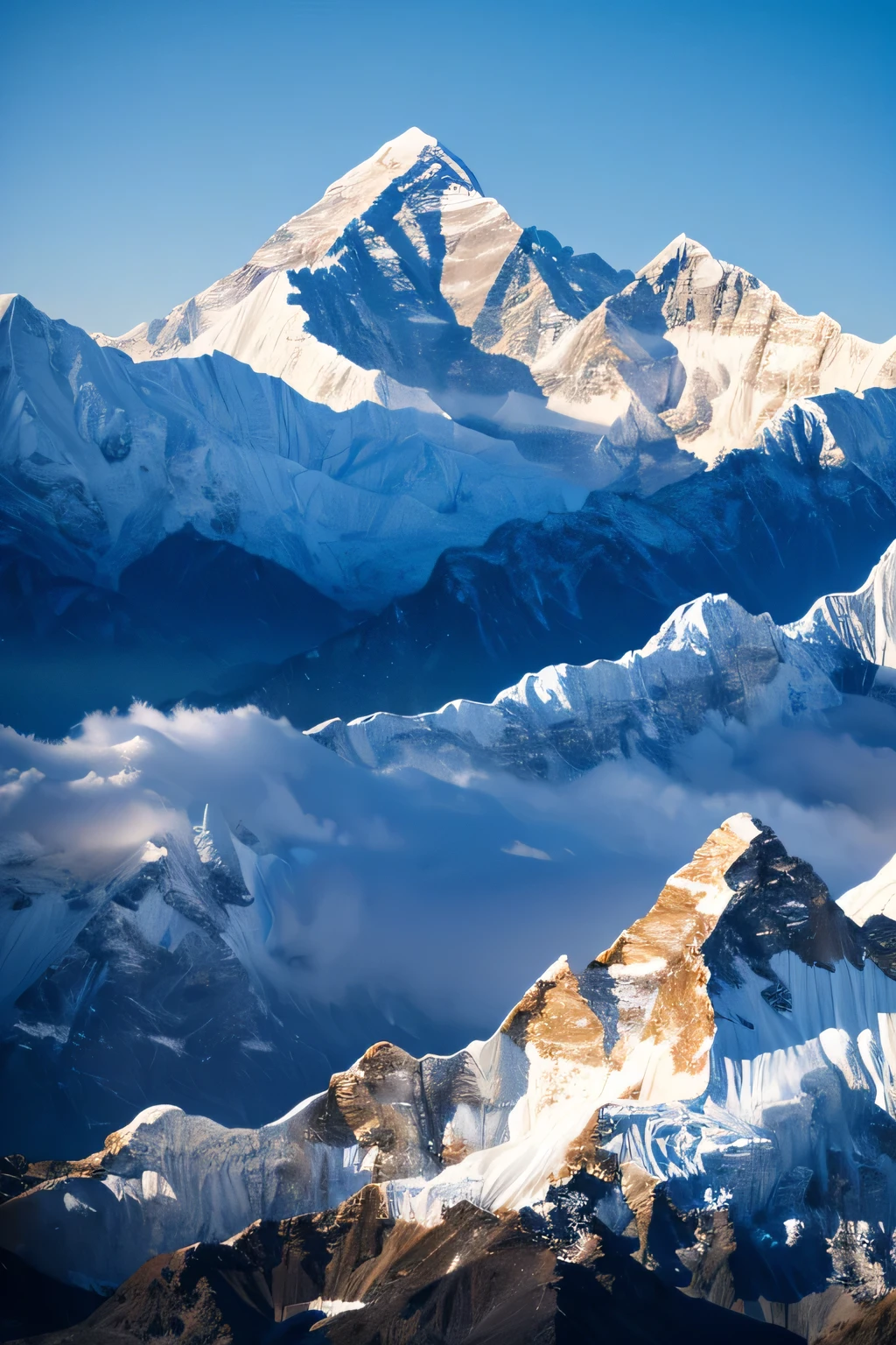 Snow-covered mountains、Everest、Multiple victims、Dim atmosphere、Bird's-eye view