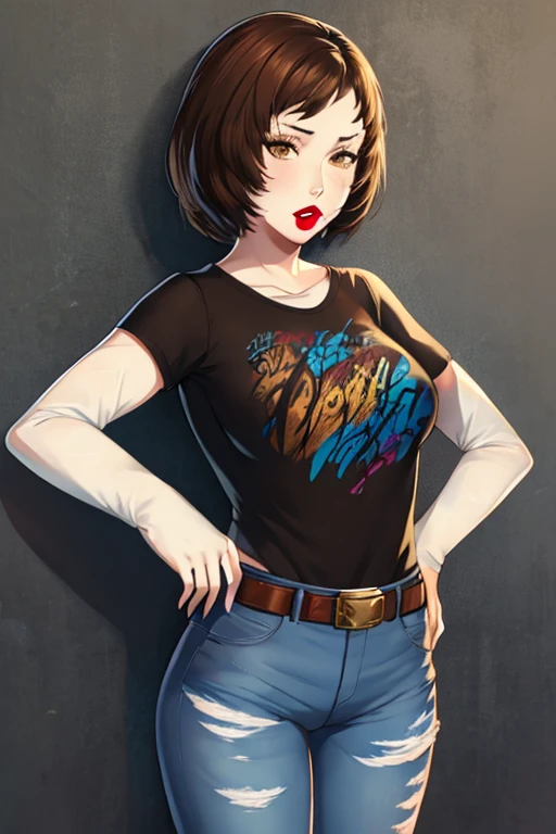 Ellie, brown hair, 1girl, solo, standing, black t-shirt, white shirt, blue jeans, belt, lipstick, large breasts, white sleeves