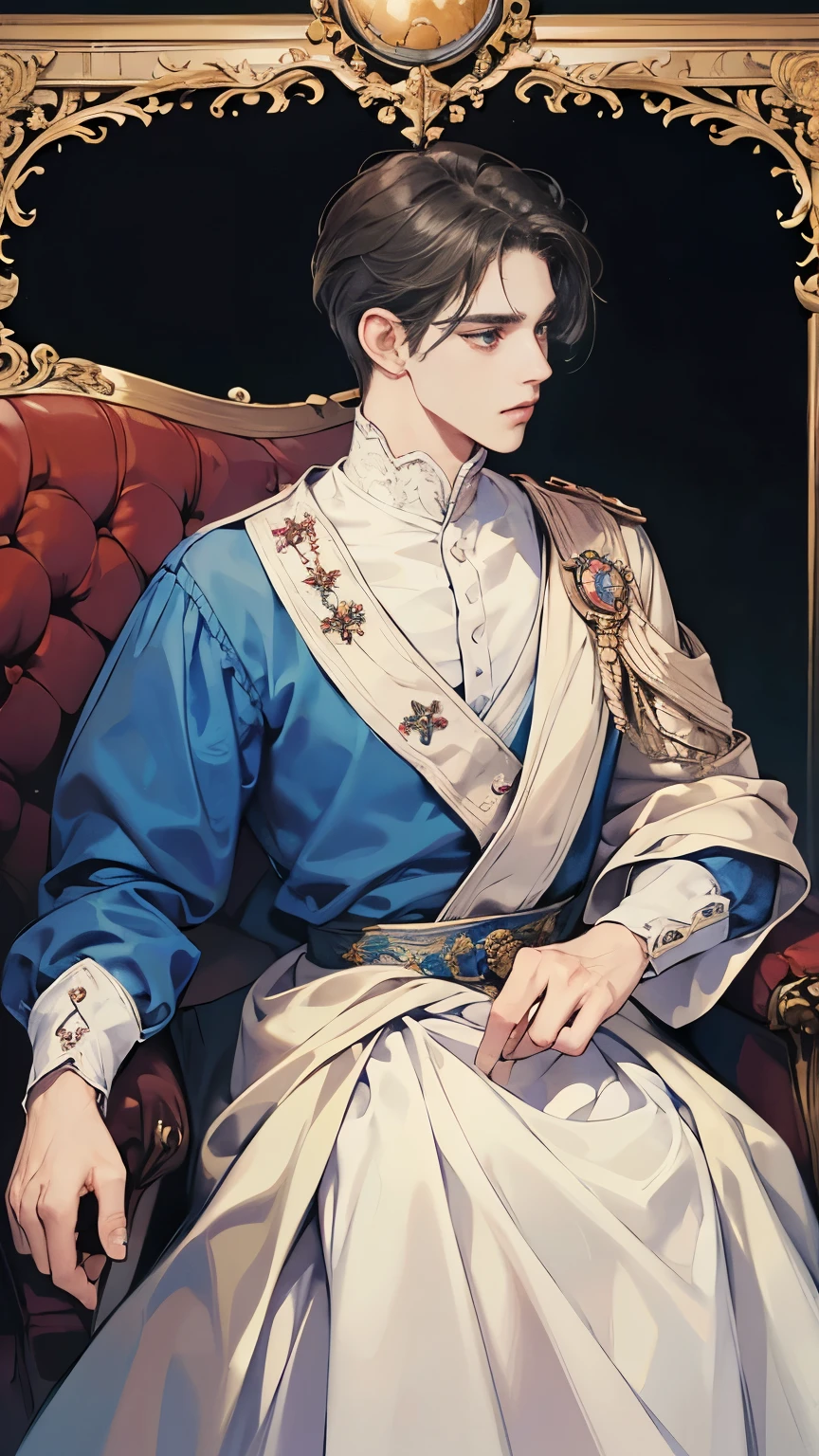 masterpiece, ((a beautiful prince)), ((High resolution)), Depth of the written border, ((He's lying in a luxurious king-sized canopy bed.)), A chandelier with the lights off, Delicate depiction of hair, (good looking), There's no one here, Beautiful Nose, Beautiful brown shorthair