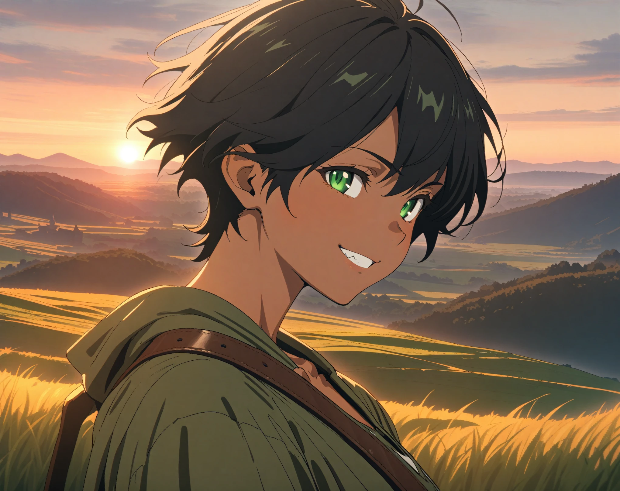 (Masterpiece, best quality, highres, portrait) {{Artist: Sincos}} 1 woman, solo, 30 years old, tomboy, muscular, strong, tan skin, sharp eyes, green eyes, black hair, pixie haircut, taller than camera, green tunic, leather belt, white pants, smile, from the side, looking at camera, standing on grassy hill, at morning, sunrise, medieval fantasy.