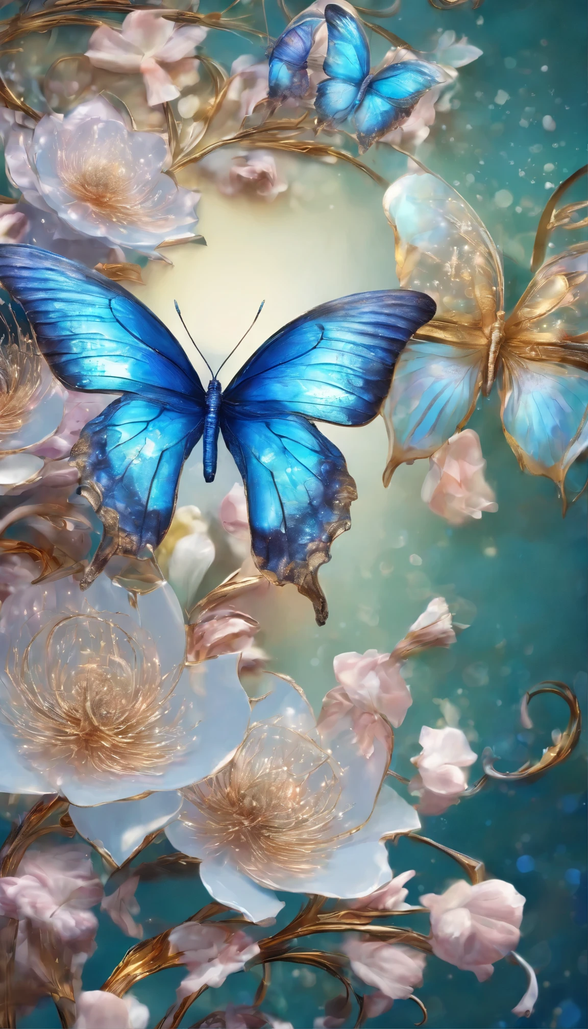 The background is greenblue,moon light,All expressed with jewels, the arrival of spring, various beautiful cherryblossoms
, Beautiful lapis lazuli swallowtail butterfly,angles looking up from below, various jewels falling from the sky, wonderful and beautiful superb view, slightly hazy, fantastic, high resolution, 8K, (best quality, highres, realistic:1.37), shiny metallic flowers, intricate and delicate petals, reflective surfaces, vibrant colors, intricate details, close-up view, surreal garden, surreal beauty, dreamy atmosphere, fine art, abstract botanicals, metallic sculpture, contrasting textures, ethereal glow
