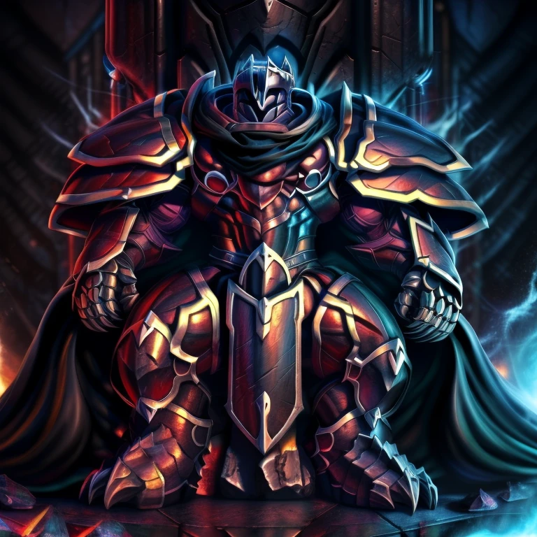 (masterpiece, best quality, detailed:1.2) (Pokémon) LUCARIO, detailed full body, a knight's mechanical armor, glowing wide and heavy armor, wears full body armor. massive muscles, huge pecs, chiseled abs, huge pectorals, exaggeratedly huge muscles. wearing a cloak. unusually developed muscular body big muscle, pecs, triceps, traps, waist narrow, unusually developed muscular body, Dark knight, BlackKnight_fe, The claws are sharp, Sharp teeth, He wears a black cloak on his back. sitting on the throne, standing on a pile of skulls,