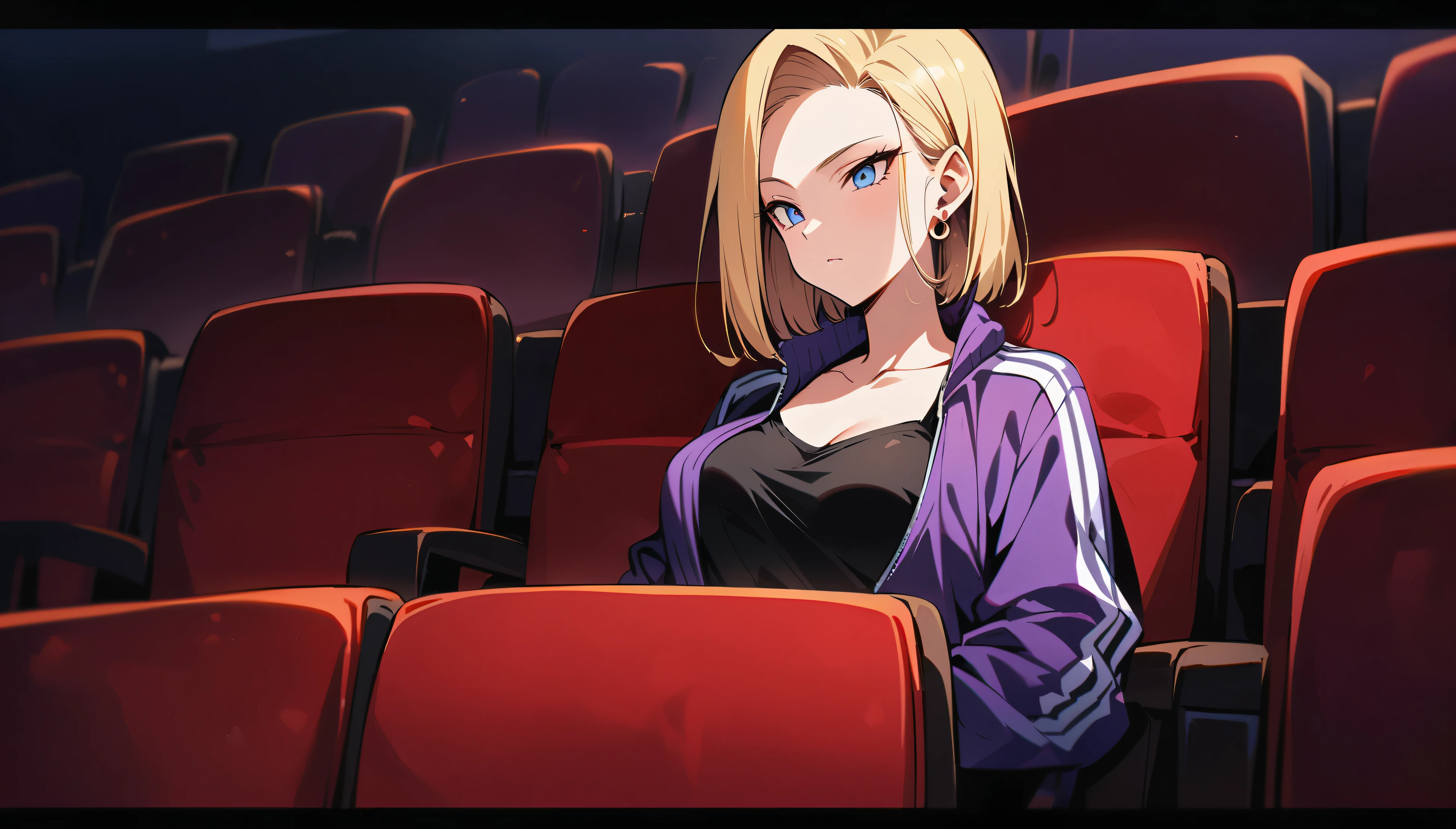 (masterpiece, best quality:1.2), shot from chest up showing collarbone and a hint of black camisole worn under tracksuit top unzipped a few inches, solo, Android 18 from Dragon Ball, sitting facing forward in a bright red traditional movie theater chair without any monitors in a row of identical seats, wearing a vibrant purple tracksuit top with zipper unzipped a few inches to reveal black camisole underneath, vivid purple tracksuit bottoms with white stripes down the sides, short blonde hair loose, eyes focused on the large movie screen in front of her, earrings on earlobes, slender feminine figure, narrow waistline, inside a dimly lit traditional movie theater with one screen and no individual seat monitors, 4K