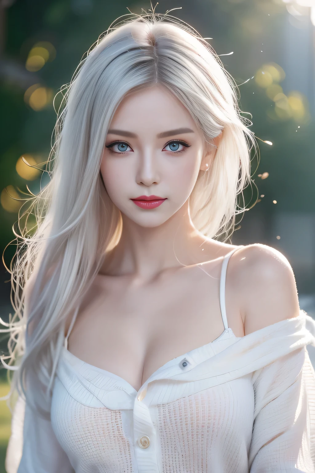 white hair, Moles under the eyes, Scleral mismatch, Heterochromia, blush, Shy, lol, bell, Ray Tracing, Divine Light, Backlight, glowing light, anime style  