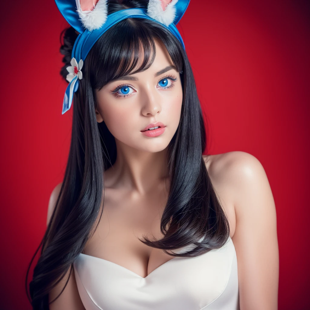 (Best quality, 4K, 8K, high resolution, masterpiece: 1.2), ultra-detailed, (realistic, photorealistic, photorealistic: 1.37), beautiful detailed blue eyes, long black hair in a high bun, detailed red veil, Portrait, Sharp, professional focus, Vivid colors, Dark background, Studio lighting. bunny cosplay, bunny ears headband.