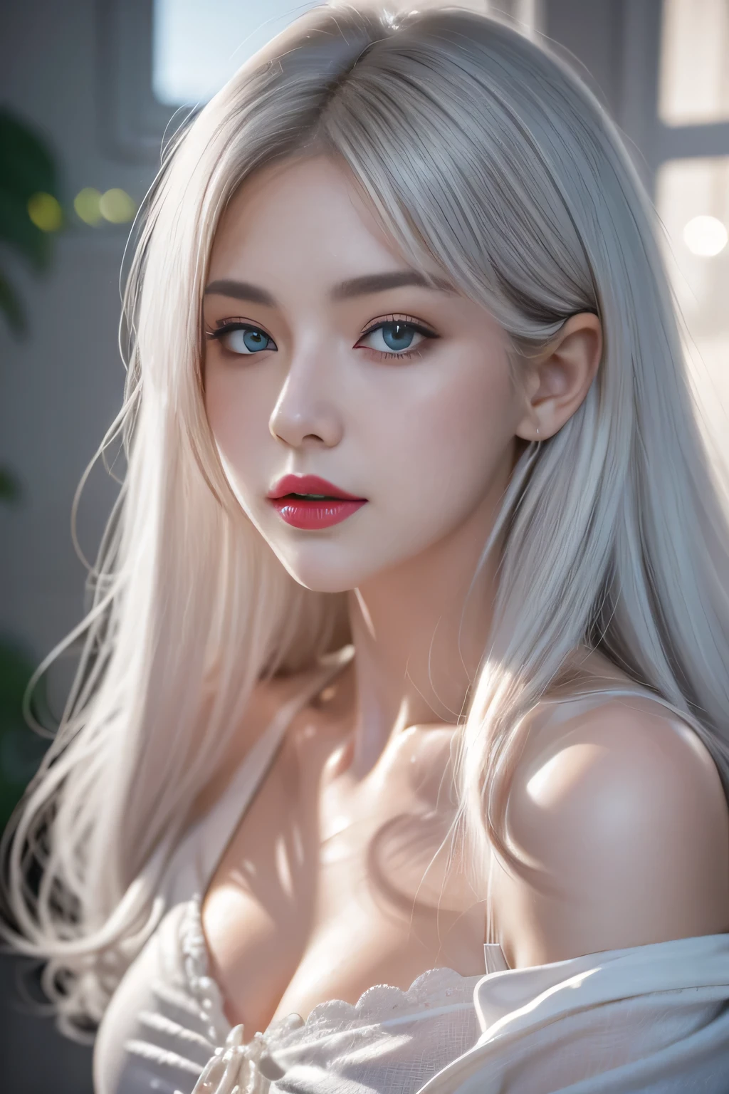 white hair, Moles under the eyes, Scleral mismatch, Heterochromia, blush, Shy, lol, bell, Ray Tracing, Divine Light, Backlight, glowing light, anime style