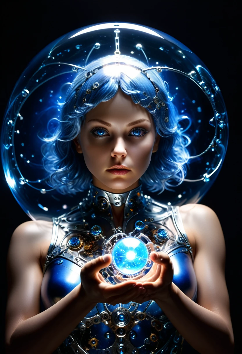 In dark space with only a few stars, breathtaking (masterpiece:1.1),(highest quality:1.1),(HDR:1),woman, a woman made of silvery liquid metal holds an atom levitating between her hands, the light of the atom reflects on her metal skin, her eyes are electric blue, she has no hair, she stands straight, she look at  the atom, his area is serious and responsible, the atom is made up of a spherical nucleus enclosed in a transparent Glass Orb and 3 electron orbits are represented symmetrically,  the background is dark with metal plates and gears on the wall, his hands are parallel to each other