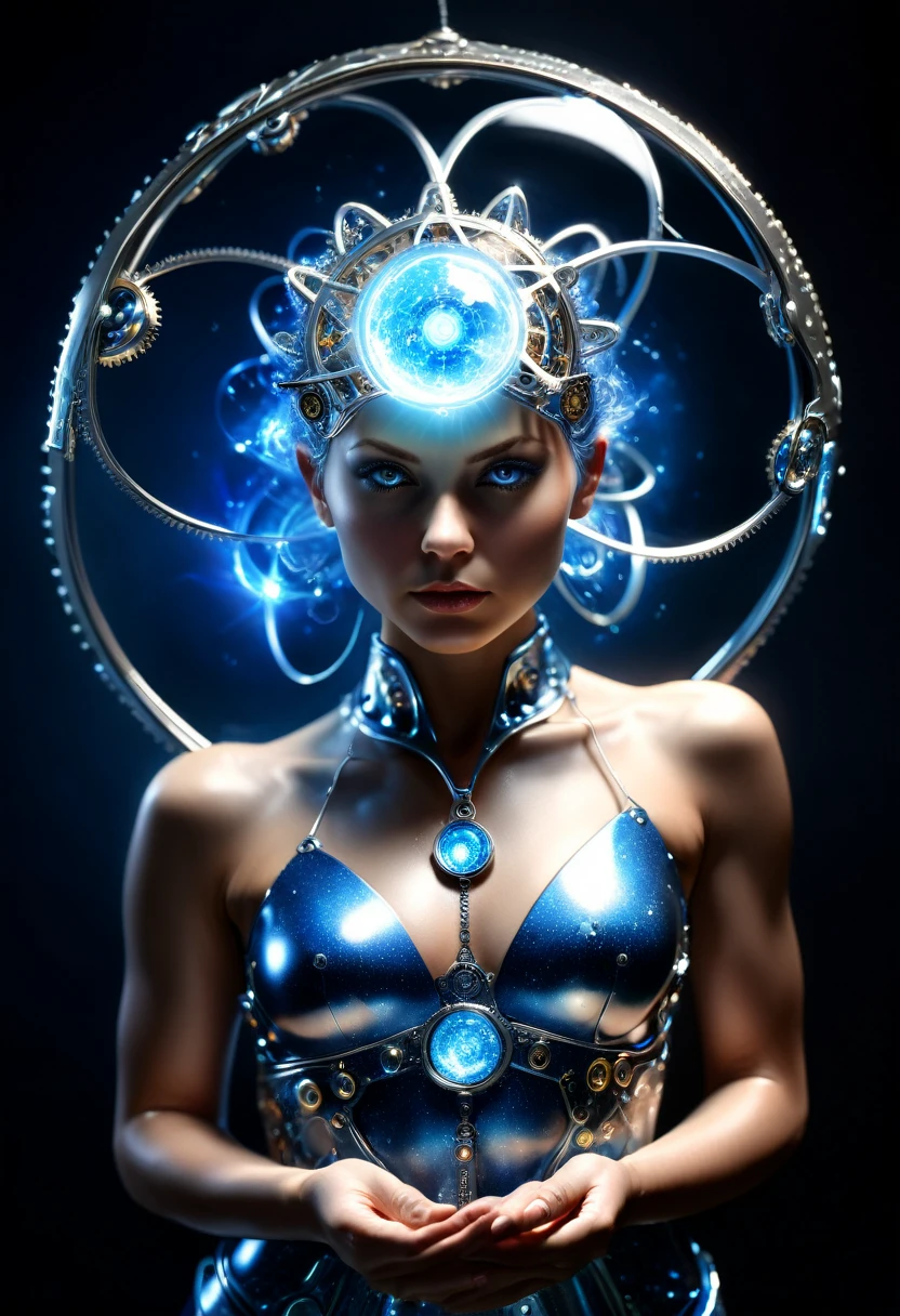 In dark space with only a few stars, breathtaking (masterpiece:1.1),(highest quality:1.1),(HDR:1),woman, a woman made of silvery liquid metal holds an atom levitating between her hands, the light of the atom reflects on her metal skin, her eyes are electric blue, she has no hair, she stands straight, she look at  the atom, his area is serious and responsible, the atom is made up of a spherical nucleus enclosed in a transparent Glass Orb and 3 electron orbits are represented symmetrically,  the background is dark with metal plates and gears on the wall, his hands are parallel to each other