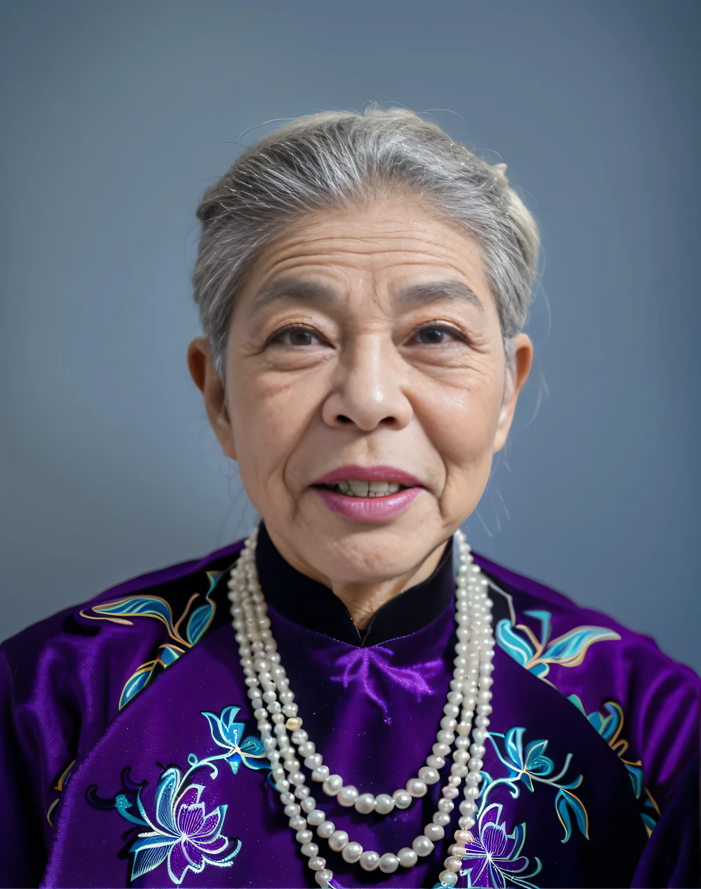 Highly realistic photo, ((masterpiece), (best quality), (raw photo), (photorealistic:1.4), Portrait of Vietnamese old woman, (90 years old), ((white hair)), ((black teeth sticking out)), ((wearing purple velvet aodai)), pearl necklace, ((blue background:1.4)) , photo taken by Sony A7IV