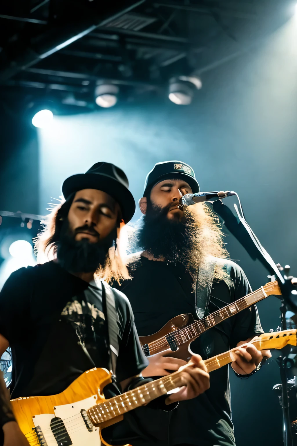 A five-man rock band that resembles bearded vagabonds、Spooky atmosphere、Bird's-eye view