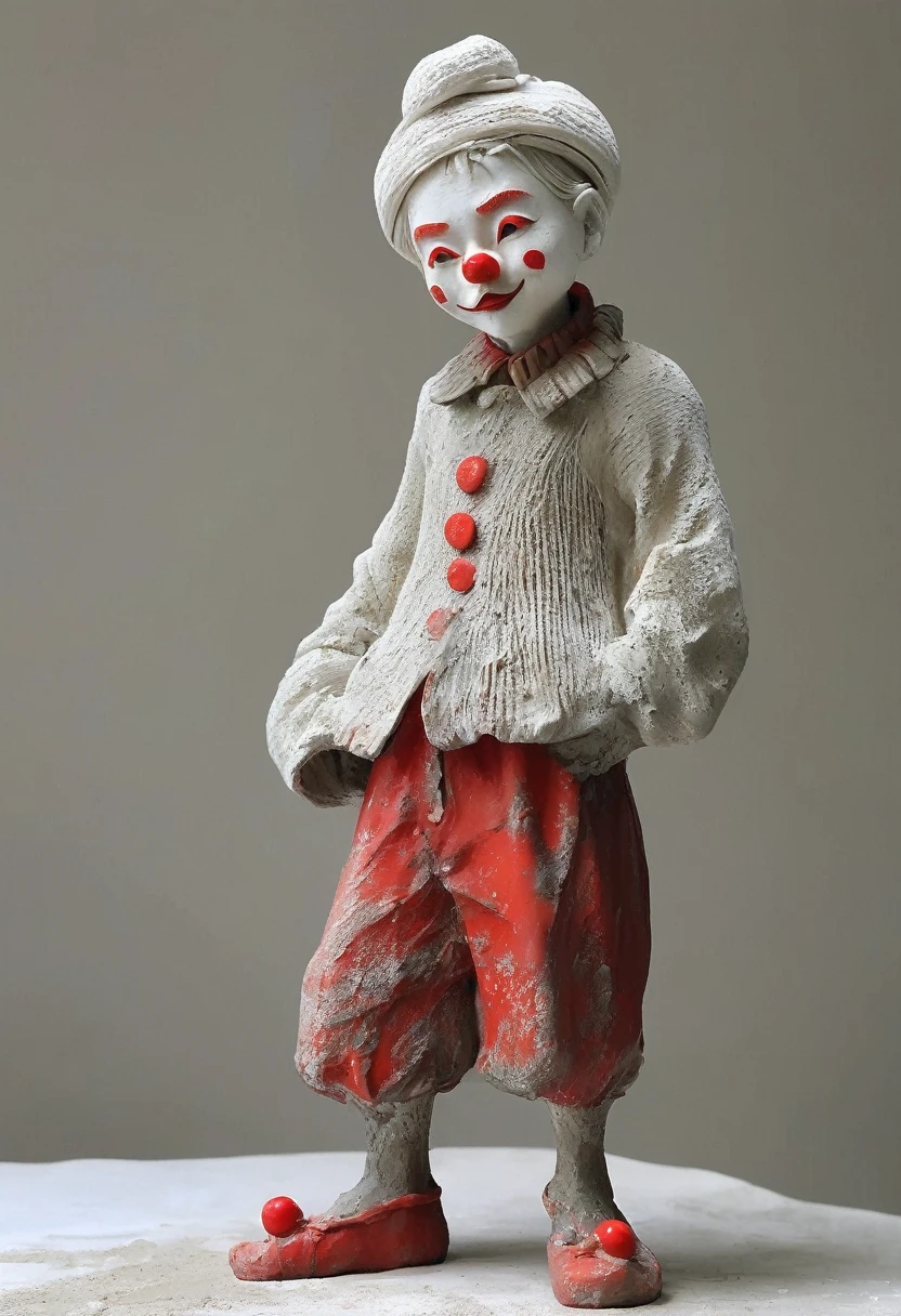 (best quality:1.2),ultra-light Clay, Clay, Pottery, Rough knitted texture, distressed, dirty, mineral pigments, 3D Clay sculpture art, Clay sculpture, Rough surface, (artwork，clown，Red Nose，solitary独的身影，whole body，barefoot，cover up,solitary,)