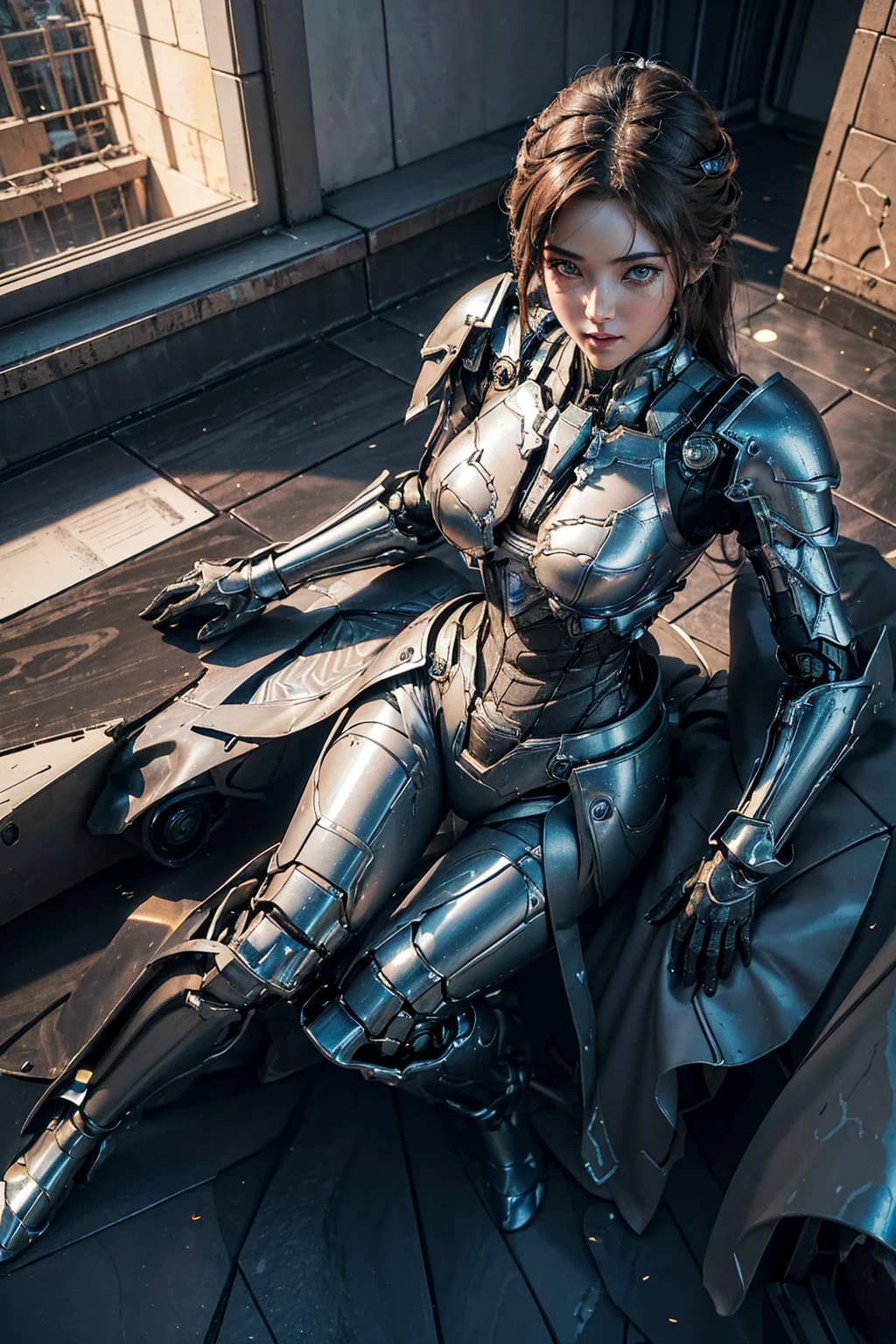 ((Best Quality)), ((Masterpiece)), (Very Detailed: 1.3), a beautiful mecha girl, 3D, ultra realistic, sci-fi technology, HDR (High Dynamic Range), ray tracing, nvidia RTX, super resolution, unreal 5, subsurface scattering, PBR texture, post-processing, anisotropic filtering, depth of field, maximum sharpness and sharpness, multi-layer texture, specular and albedo mapping, surface shading, accurate simulation of light-material interactions, perfect proportions, perfect eyes, perfect hand, extremely detailed background, ((detailed eyes, high quality eyes, high quality face)), octane rendering, duotone lighting, low ISO, white balance, rule of thirds, wide aperture, 8K RAW, high efficiency subpixels, subpixel convolution, light particles, light scattering, Tyndall effect, full body, (((1girl))), sexy mecha armor, brown hair, (((VERY SEXY))), (((dynamic pose))), ((in runide background)), warfare, dramatic, poster art