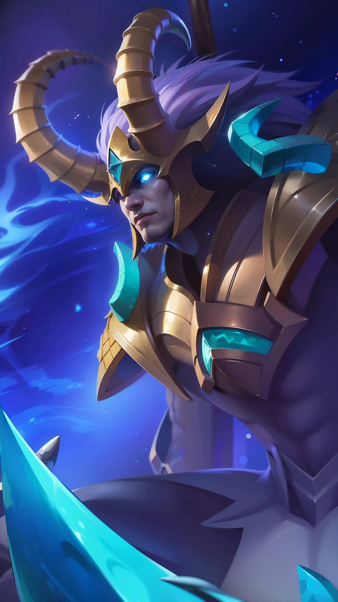 a guy with a sword and a helmet, Masterpiece, ultra HD, detailed all picture, a close up of a devil, dyrroth from mobile legend, evil, extremely detailed artgerm, mobile legends character, inspired by Dyrroth, Six pack chest and abs, black jewel above the chest, light blue eyes, angry.